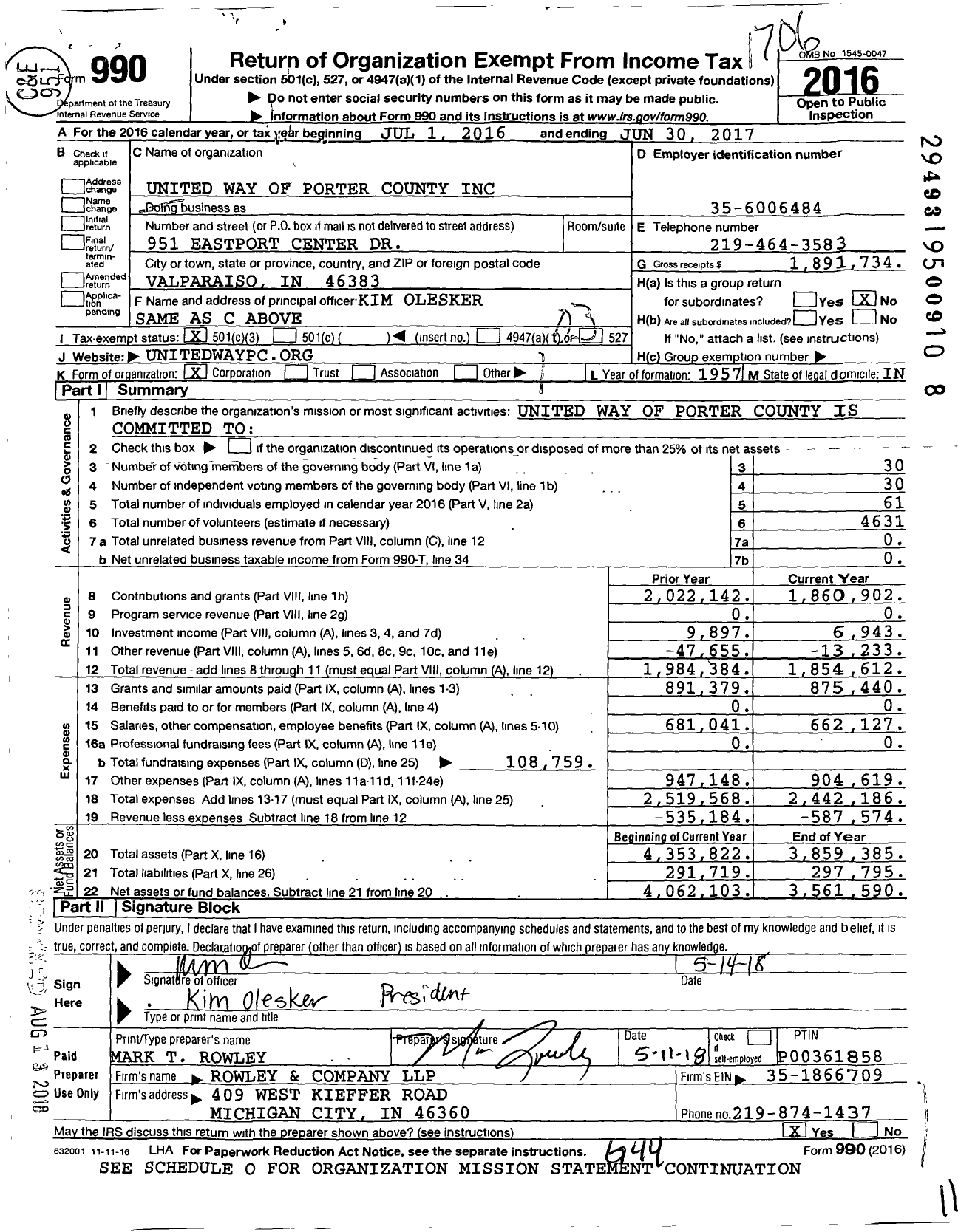 Image of first page of 2016 Form 990 for United Way of Northwest Indiana