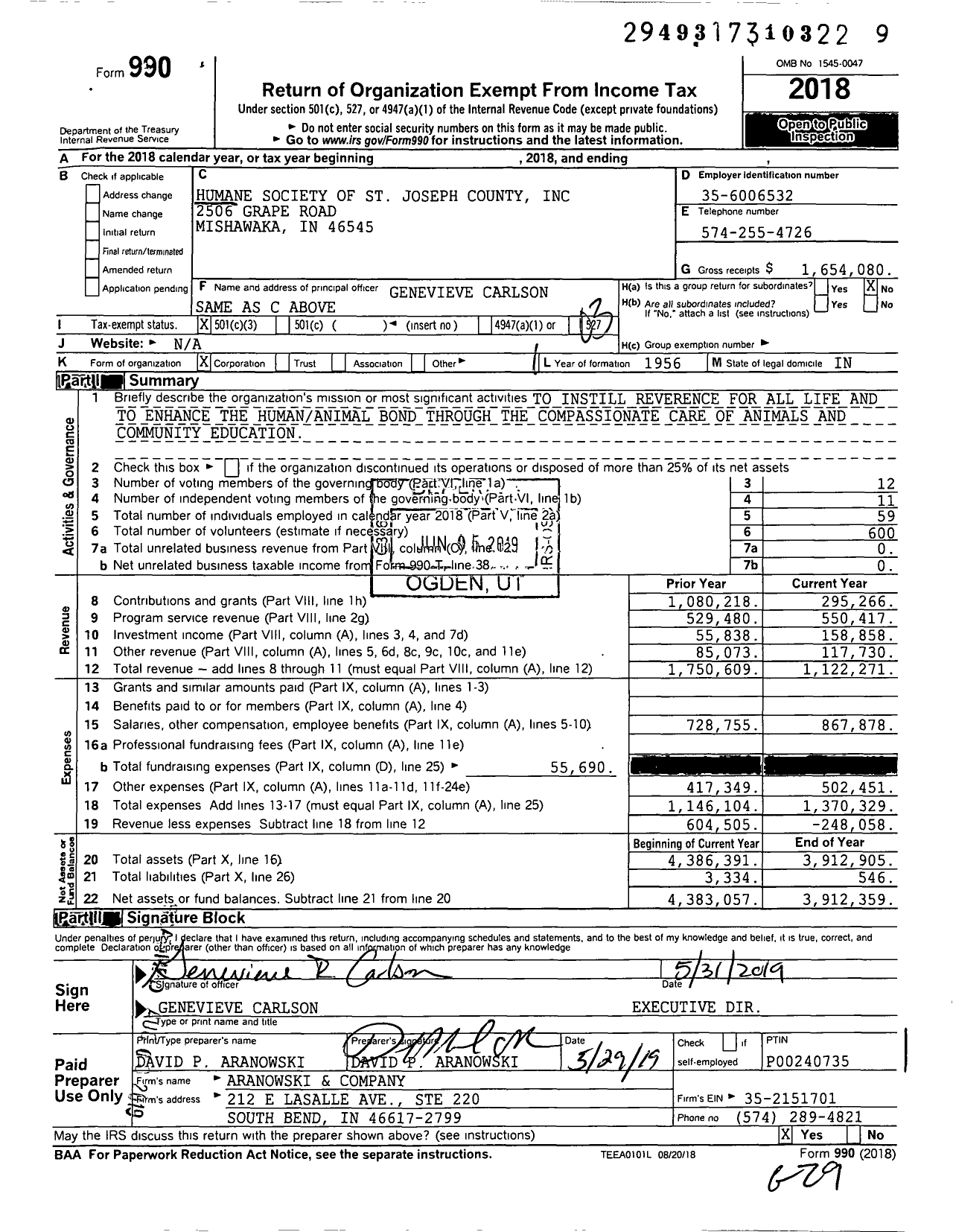 Image of first page of 2018 Form 990 for Humane Society of St Joseph County