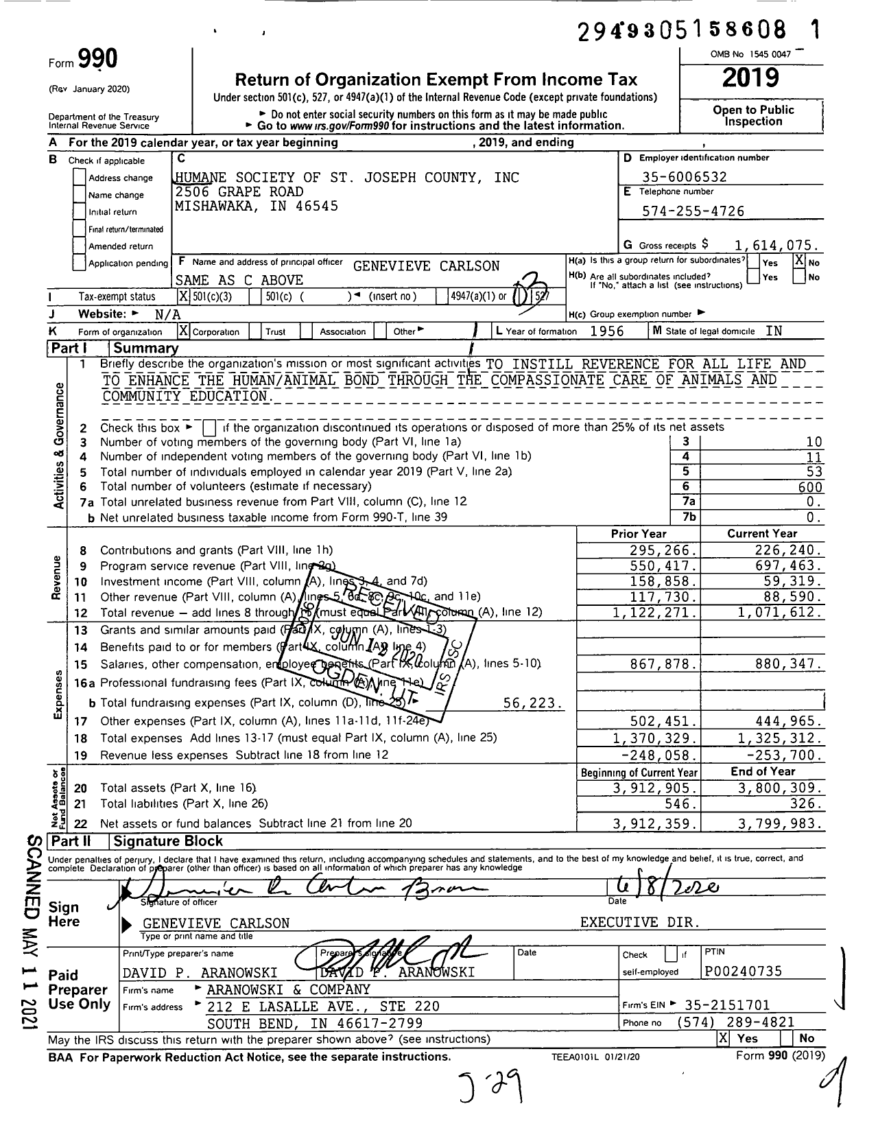 Image of first page of 2019 Form 990 for Humane Society of St Joseph County