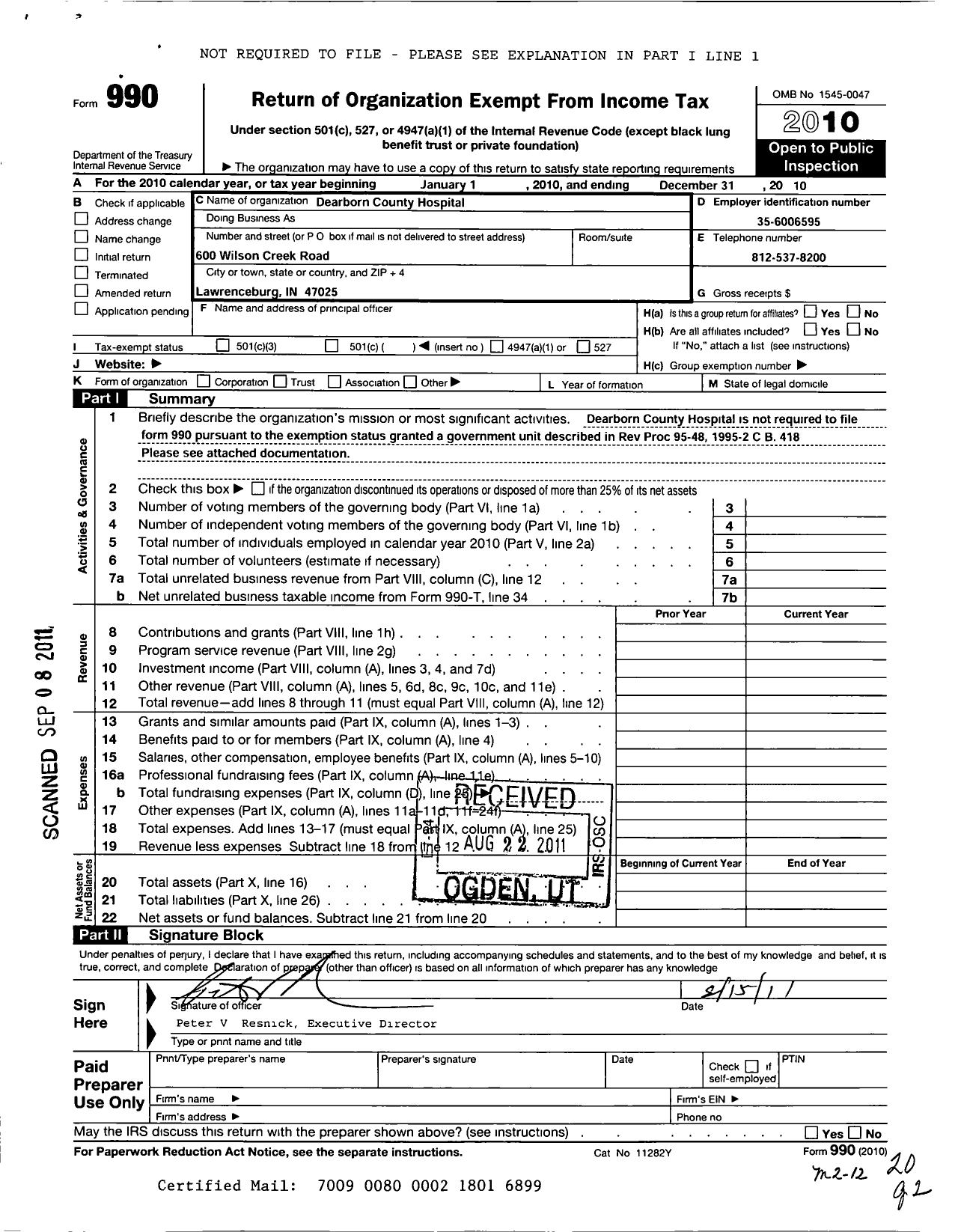 Image of first page of 2010 Form 990O for Dearborn County Hospital