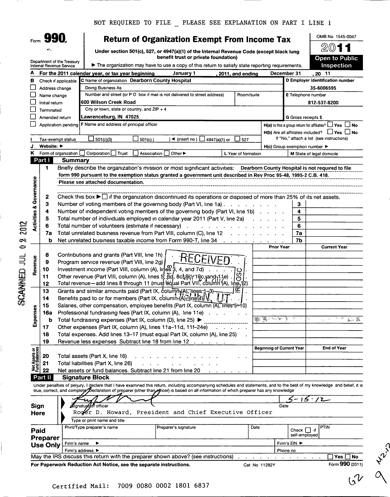 Image of first page of 2011 Form 990O for Dearborn County Hospital