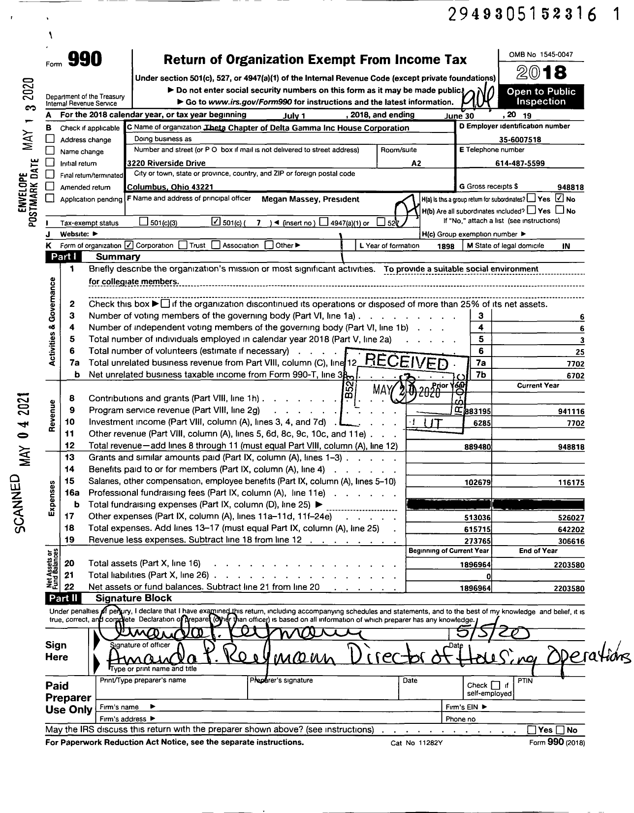 Image of first page of 2018 Form 990O for Theta Chapter of Delta Gamma Inc House Corporation