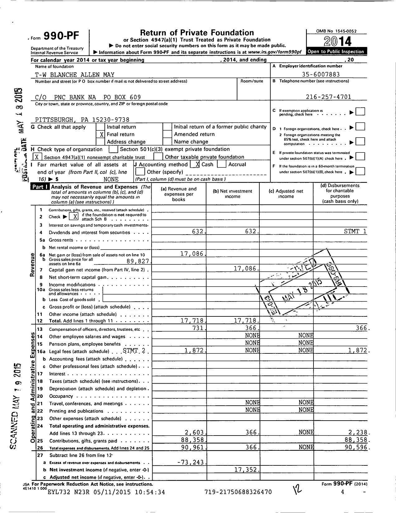 Image of first page of 2014 Form 990PF for Blanche Allen May PNC Bank Na