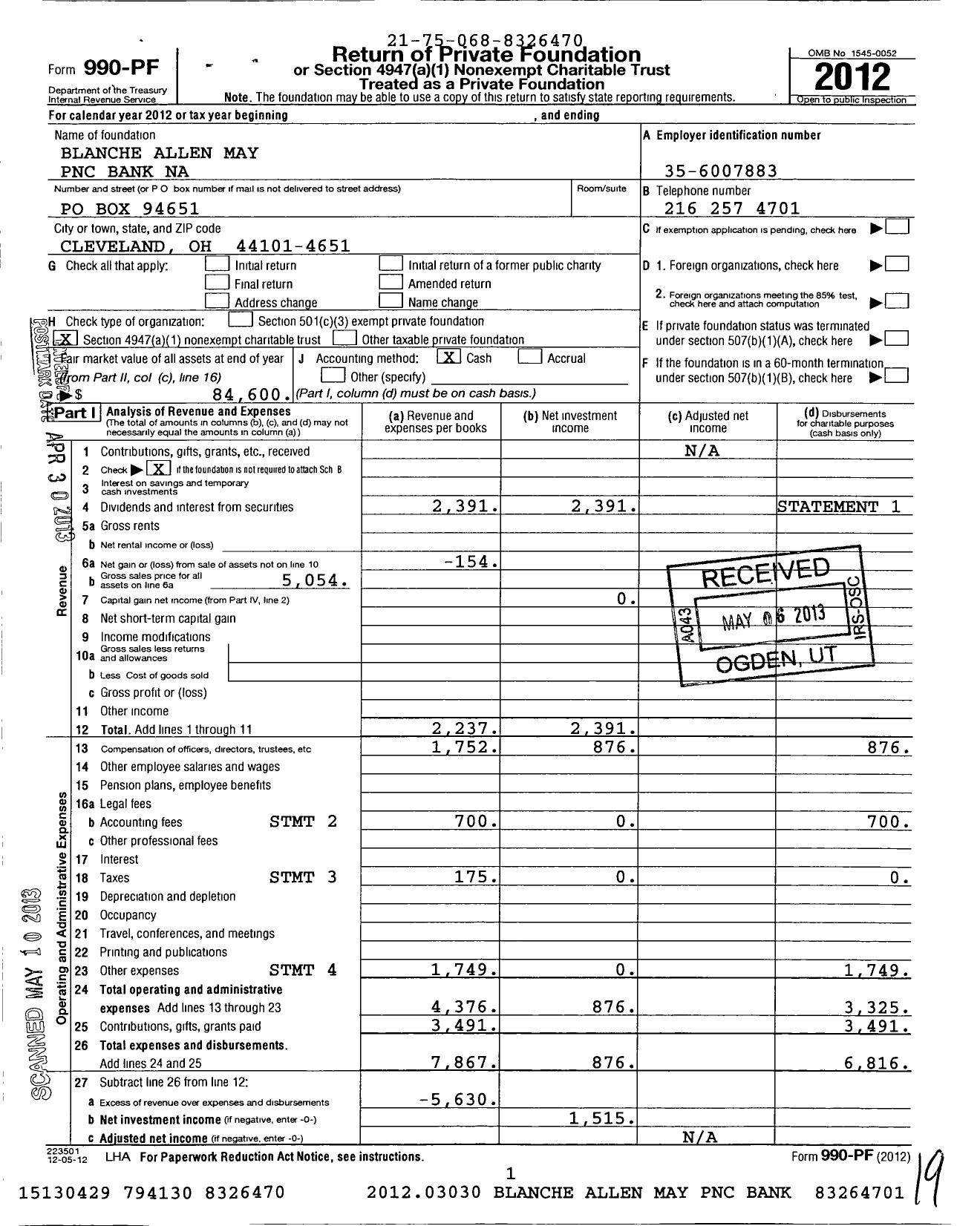 Image of first page of 2012 Form 990PF for Blanche Allen May PNC Bank Na