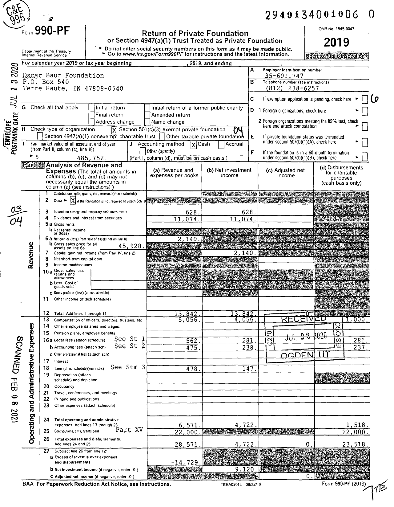 Image of first page of 2019 Form 990PF for Oscar Baur Foundation