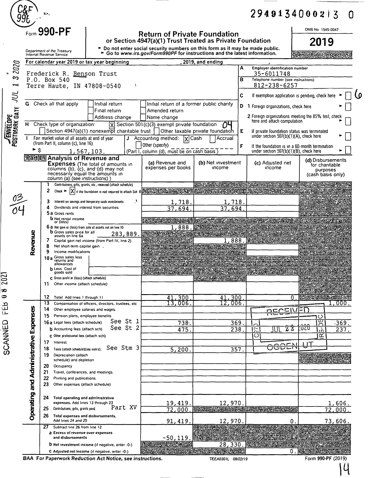 Image of first page of 2019 Form 990PF for Frederick R Benson Trust