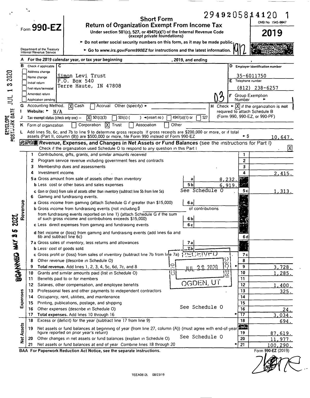 Image of first page of 2019 Form 990EZ for Simon Levi Trust