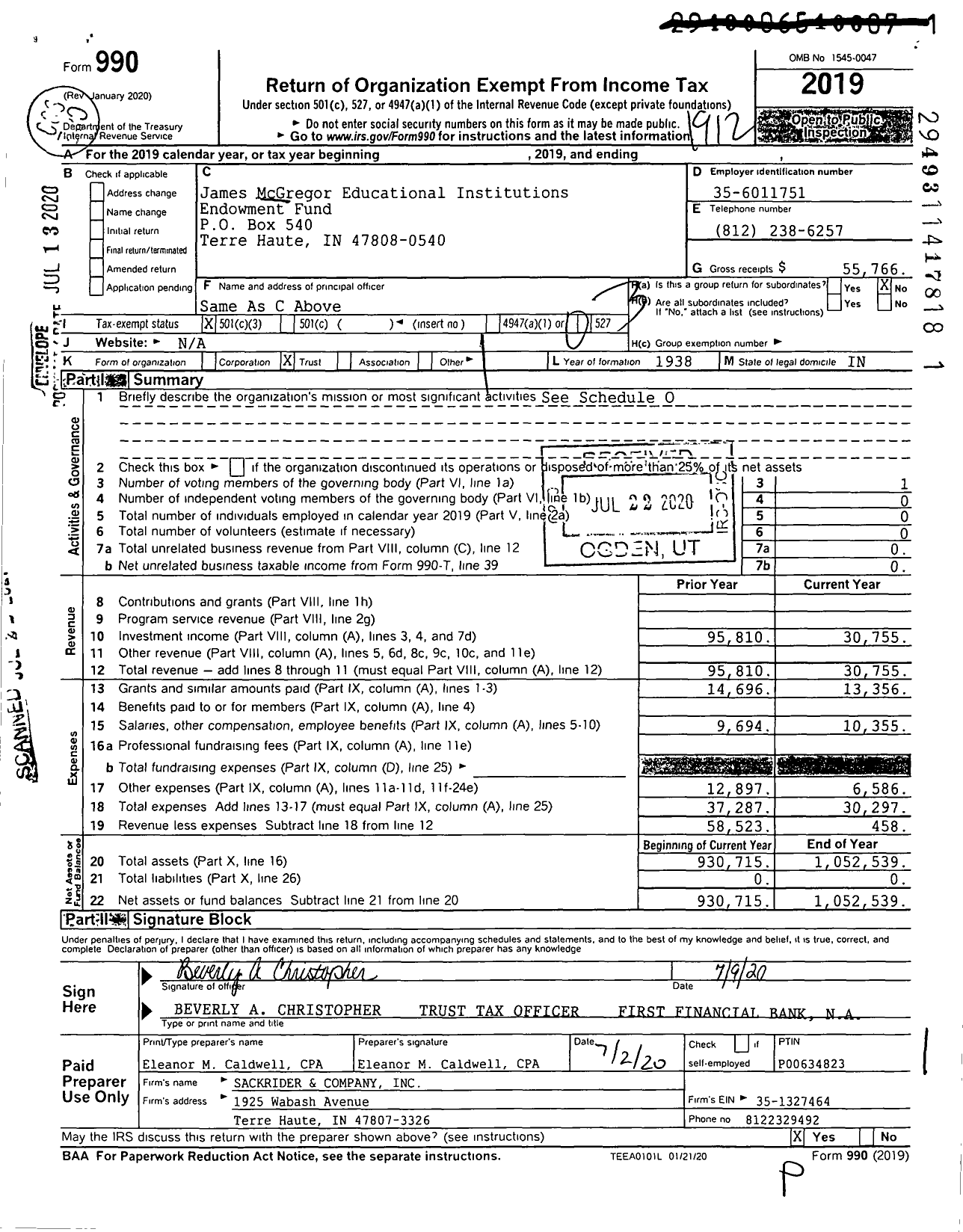 Image of first page of 2019 Form 990 for James McGregor Educational Institutions Endowment Fund