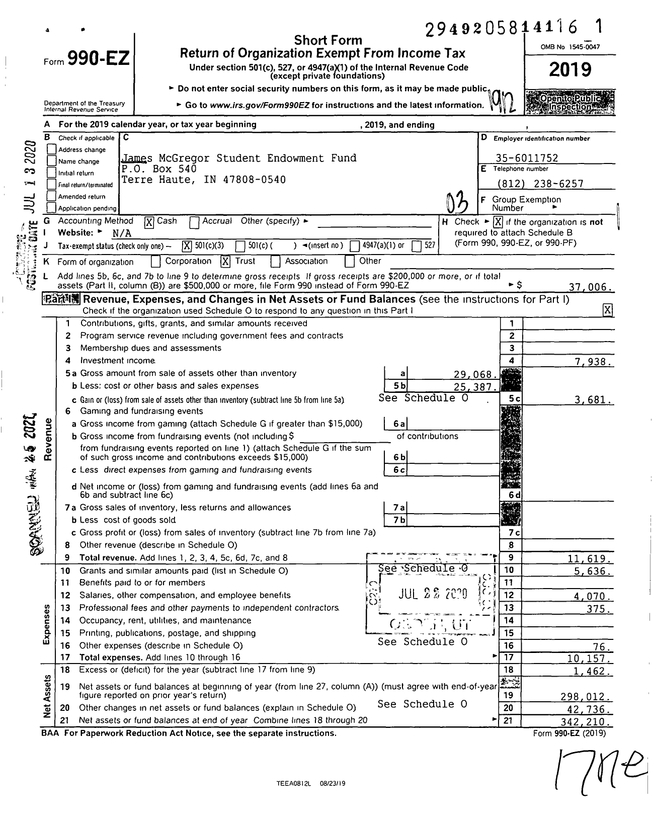 Image of first page of 2019 Form 990EZ for James McGregor Student Endowment Fund