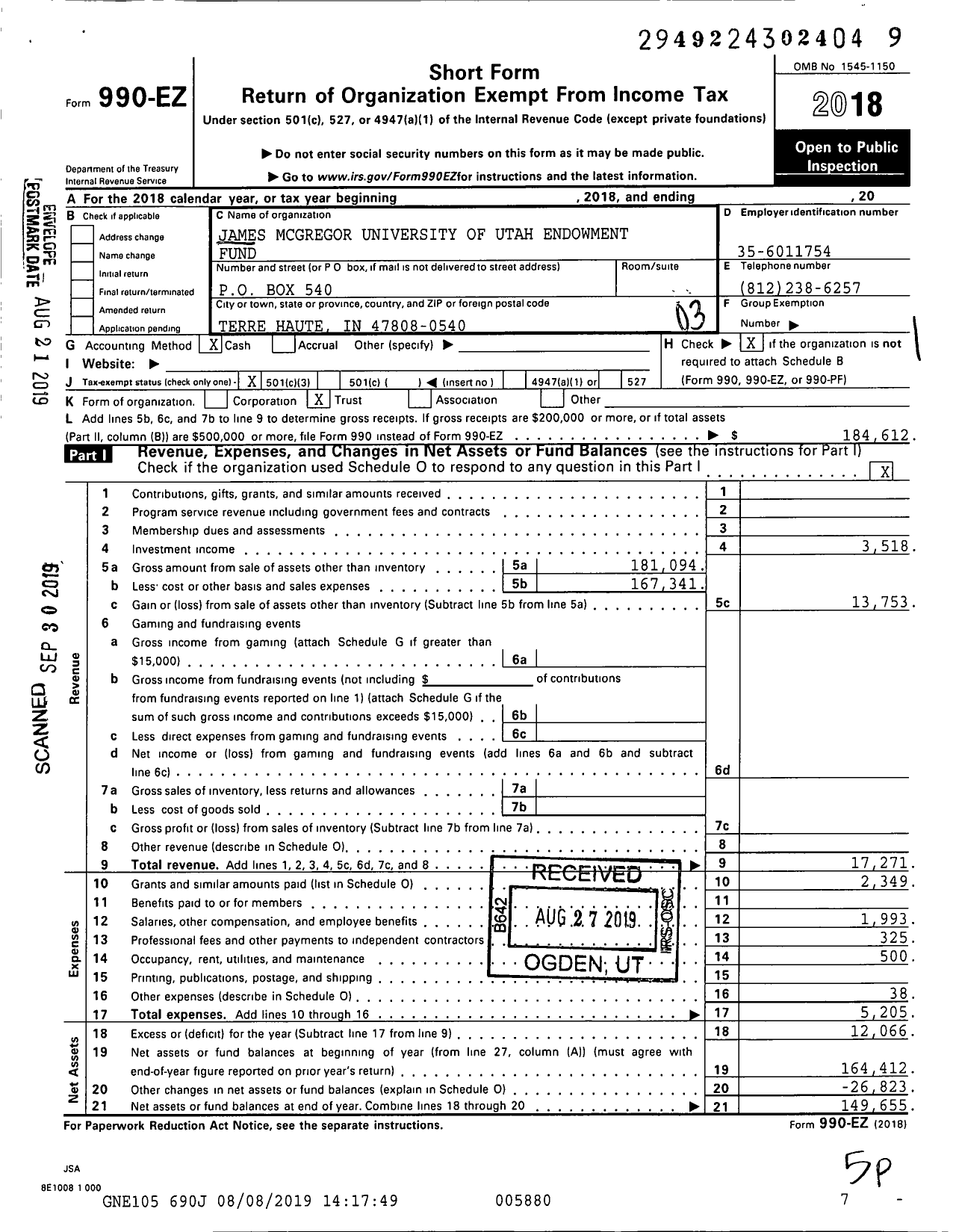 Image of first page of 2018 Form 990EZ for James McGregor University of Utah Endowment Fund