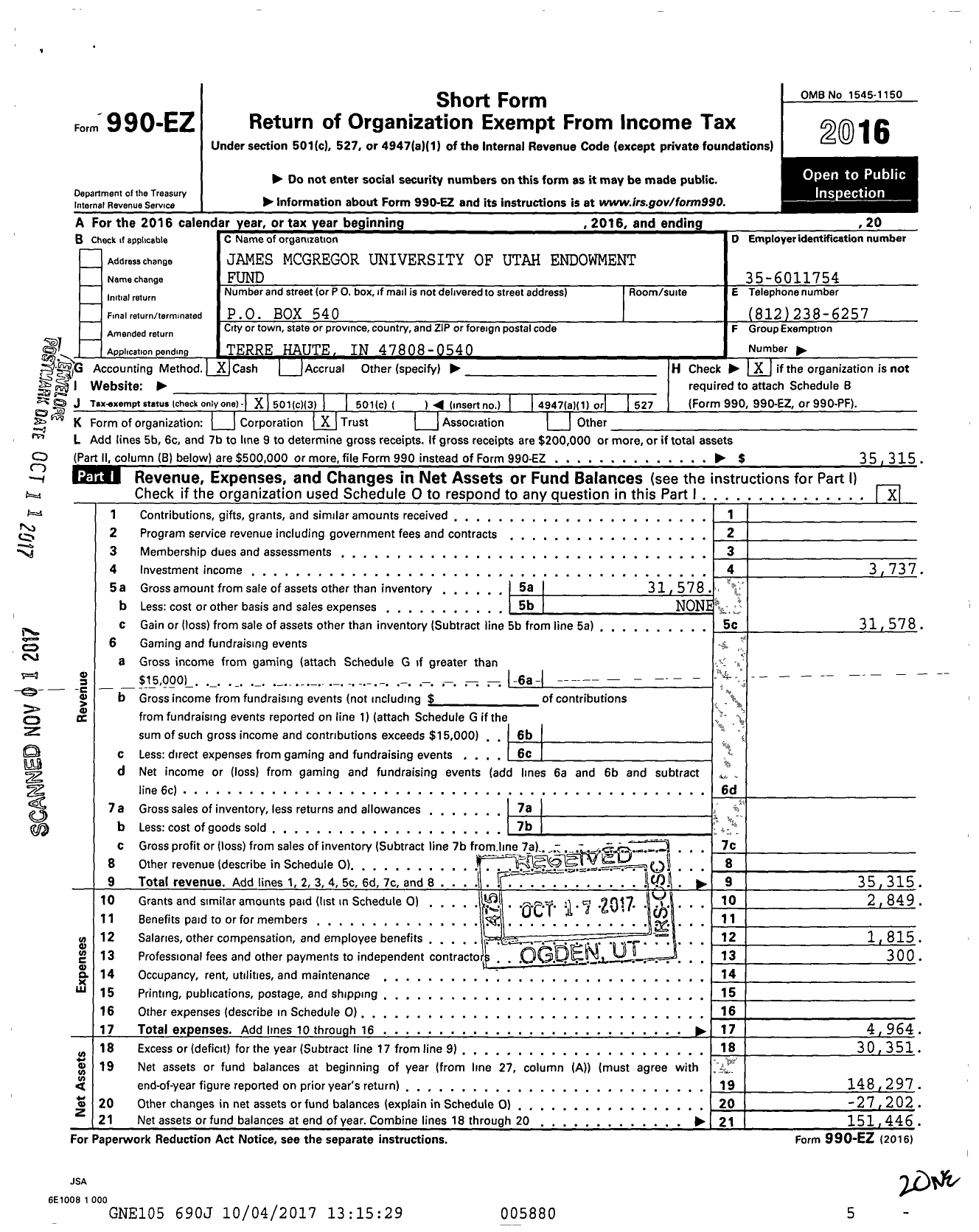 Image of first page of 2016 Form 990EZ for James McGregor University of Utah Endowment Fund
