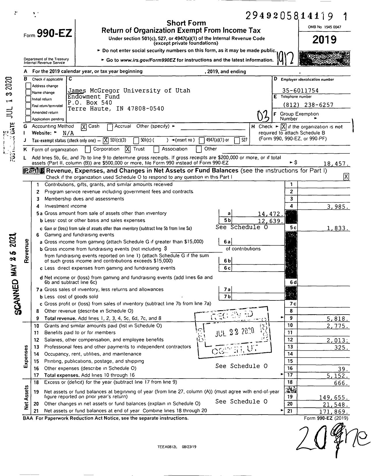 Image of first page of 2019 Form 990EZ for James McGregor University of Utah Endowment Fund