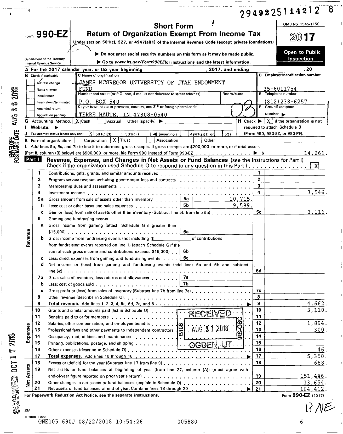 Image of first page of 2017 Form 990EZ for James McGregor University of Utah Endowment Fund