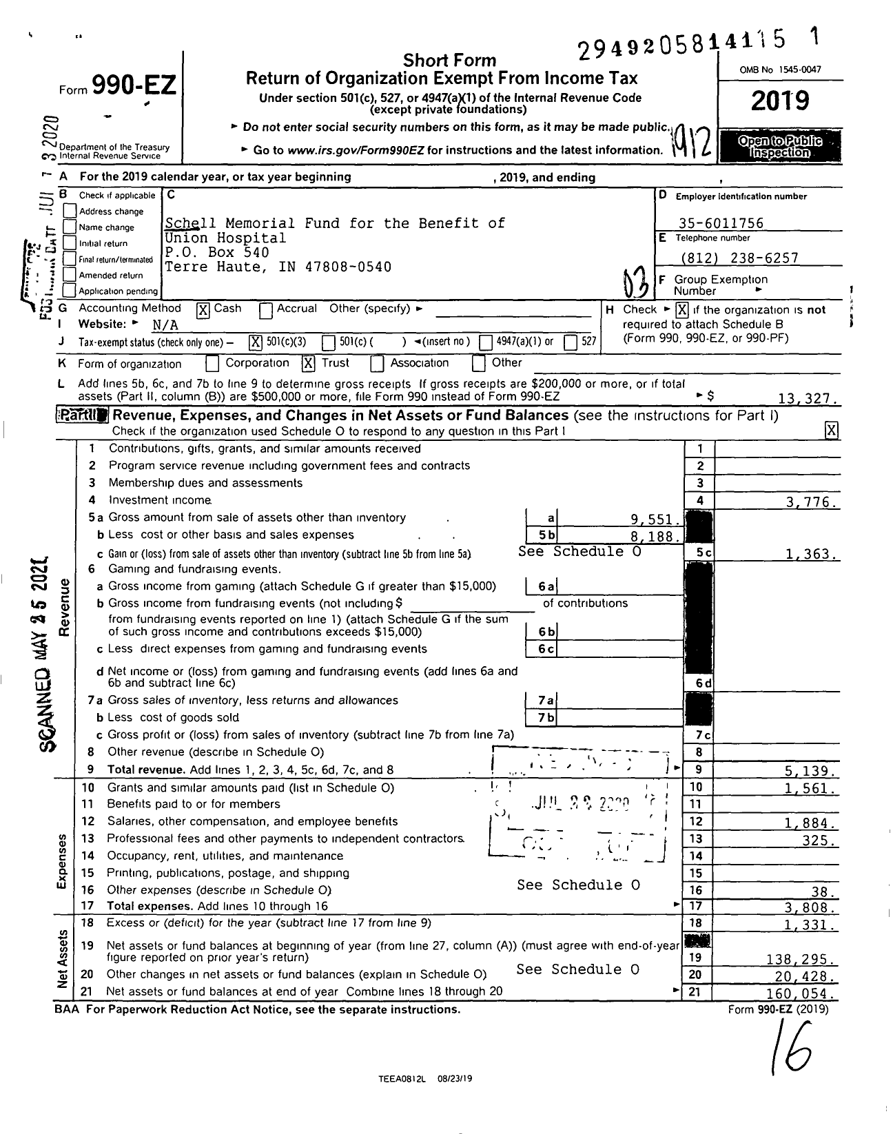 Image of first page of 2019 Form 990EZ for Schell Memorial Fund for the Benefit of Union Hospital