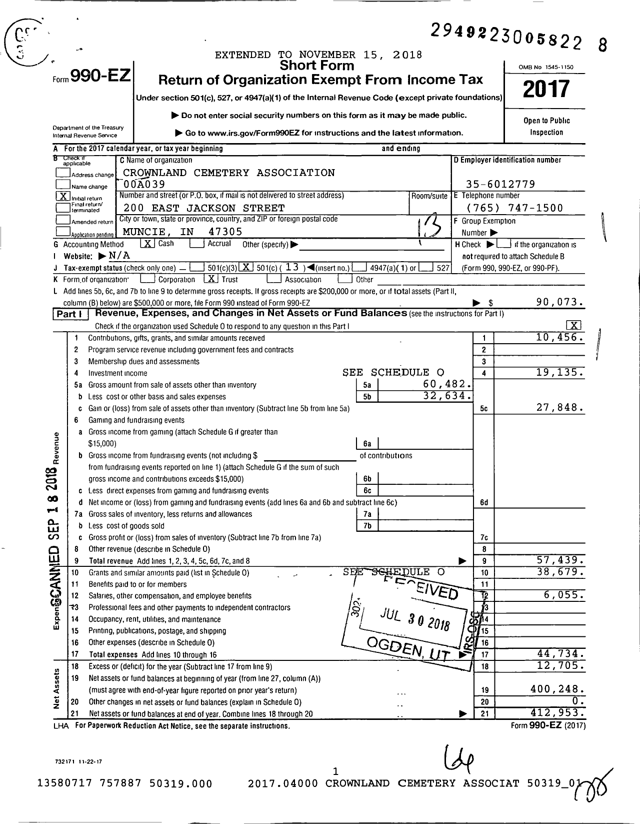 Image of first page of 2017 Form 990EO for Crownland Cemetery Association 00a039