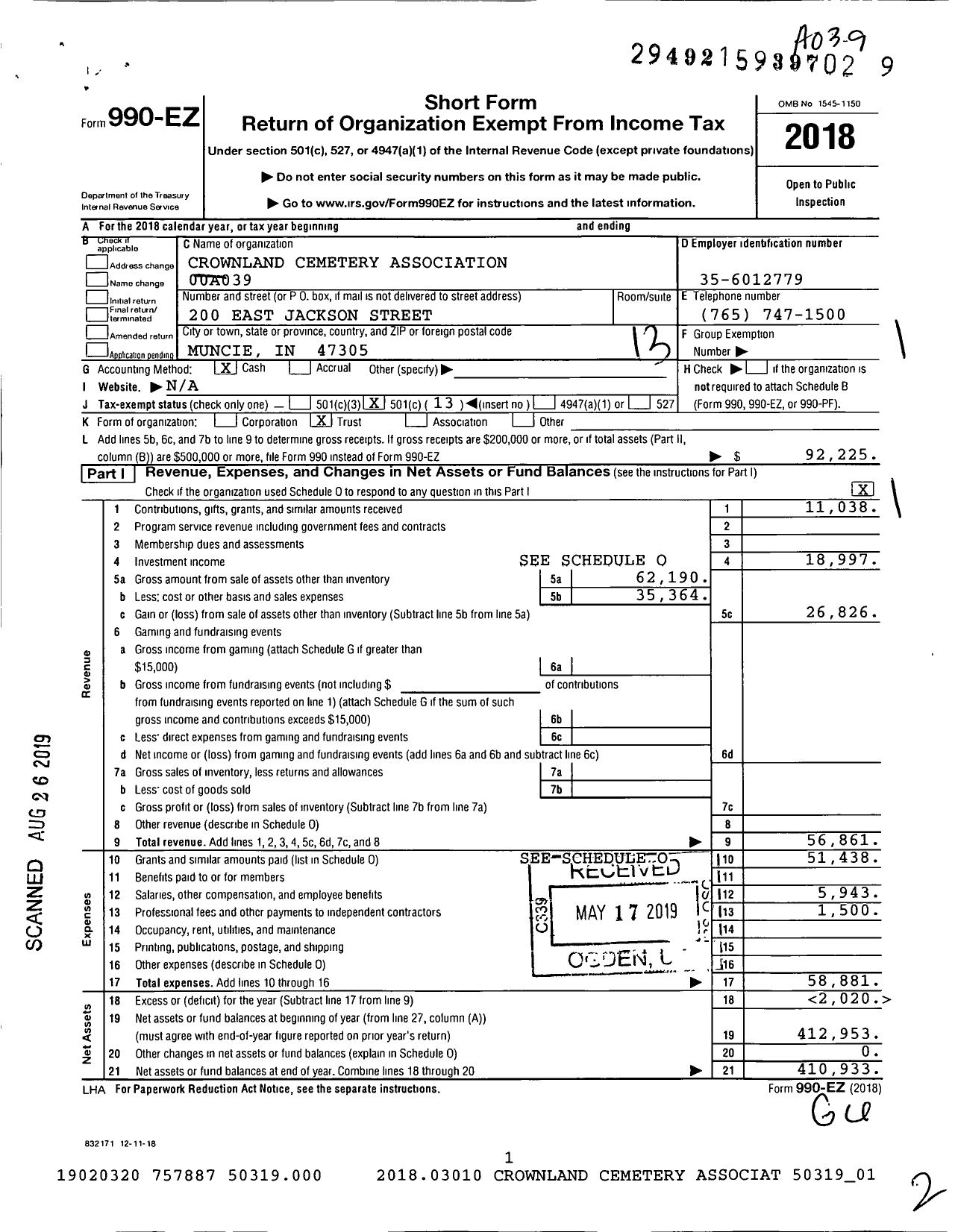 Image of first page of 2018 Form 990EO for Crownland Cemetery Association 00a039