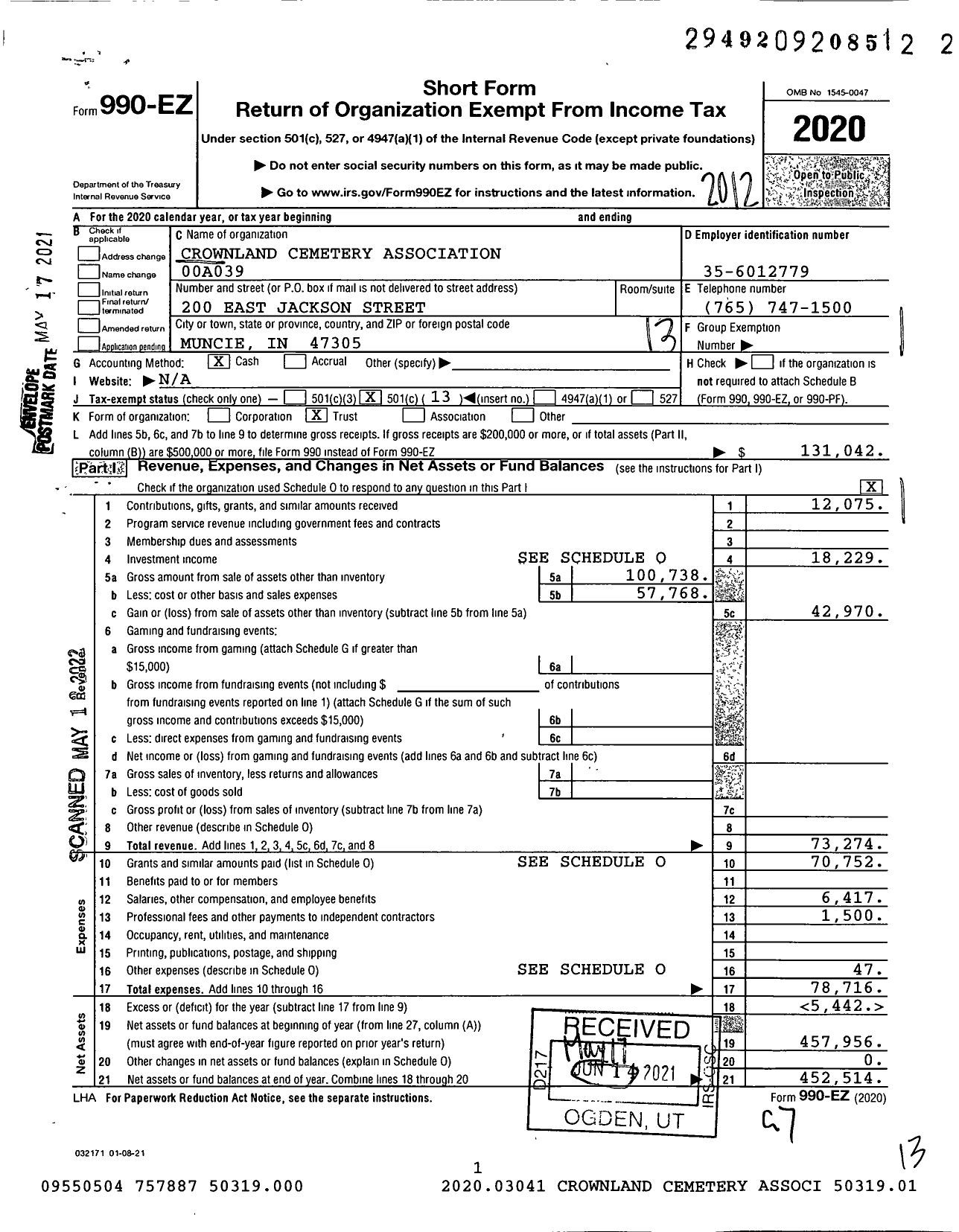 Image of first page of 2020 Form 990EO for Crownland Cemetery Association 00a039