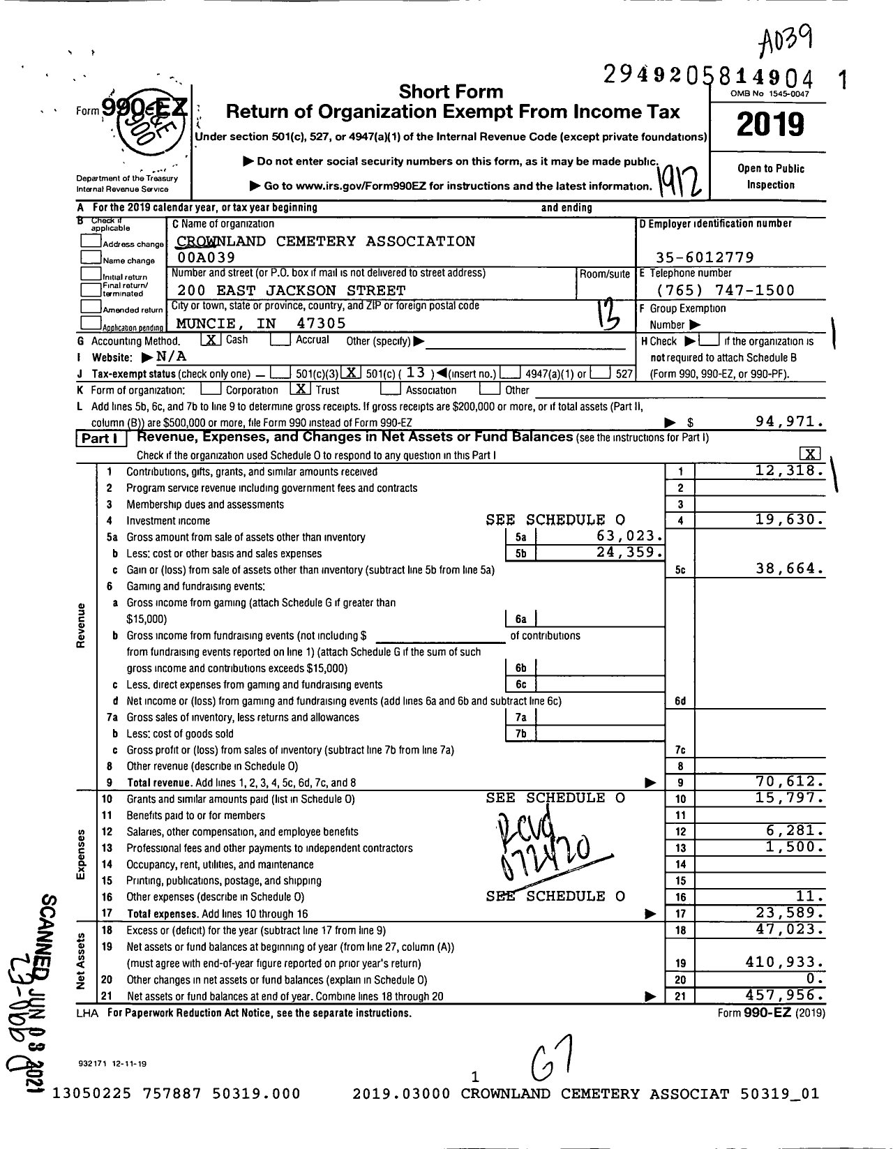 Image of first page of 2019 Form 990EO for Crownland Cemetery Association 00a039