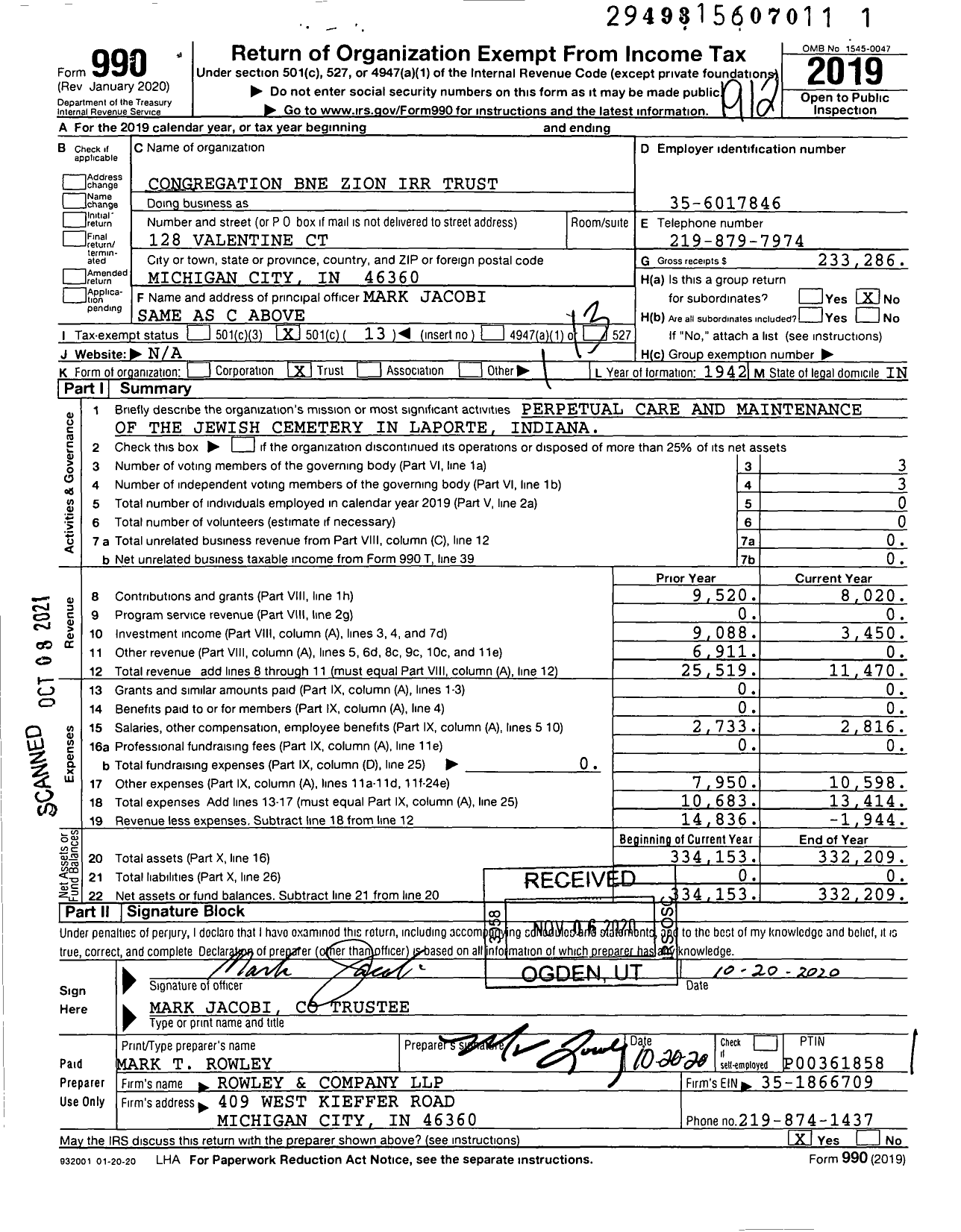 Image of first page of 2019 Form 990O for Congregation Bne Zion