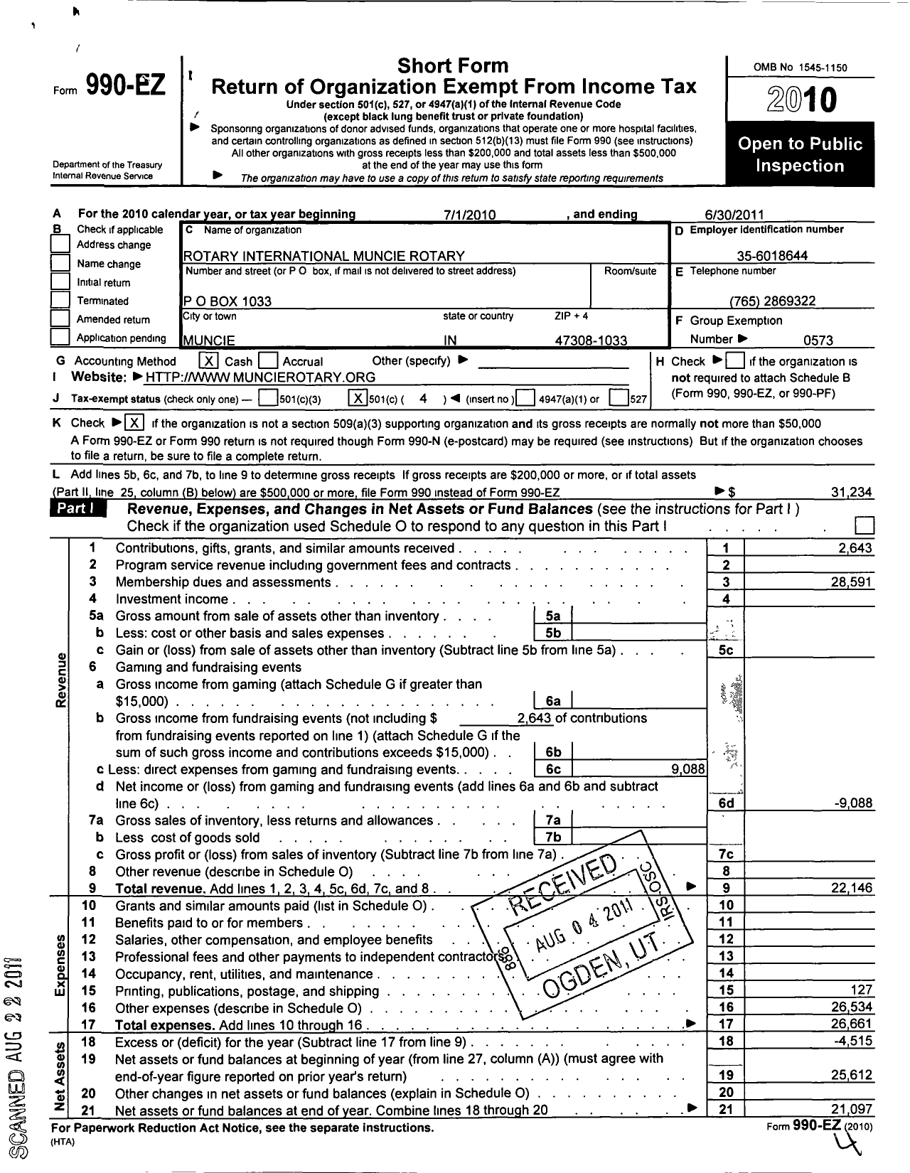 Image of first page of 2010 Form 990EO for Rotary International - Muncie