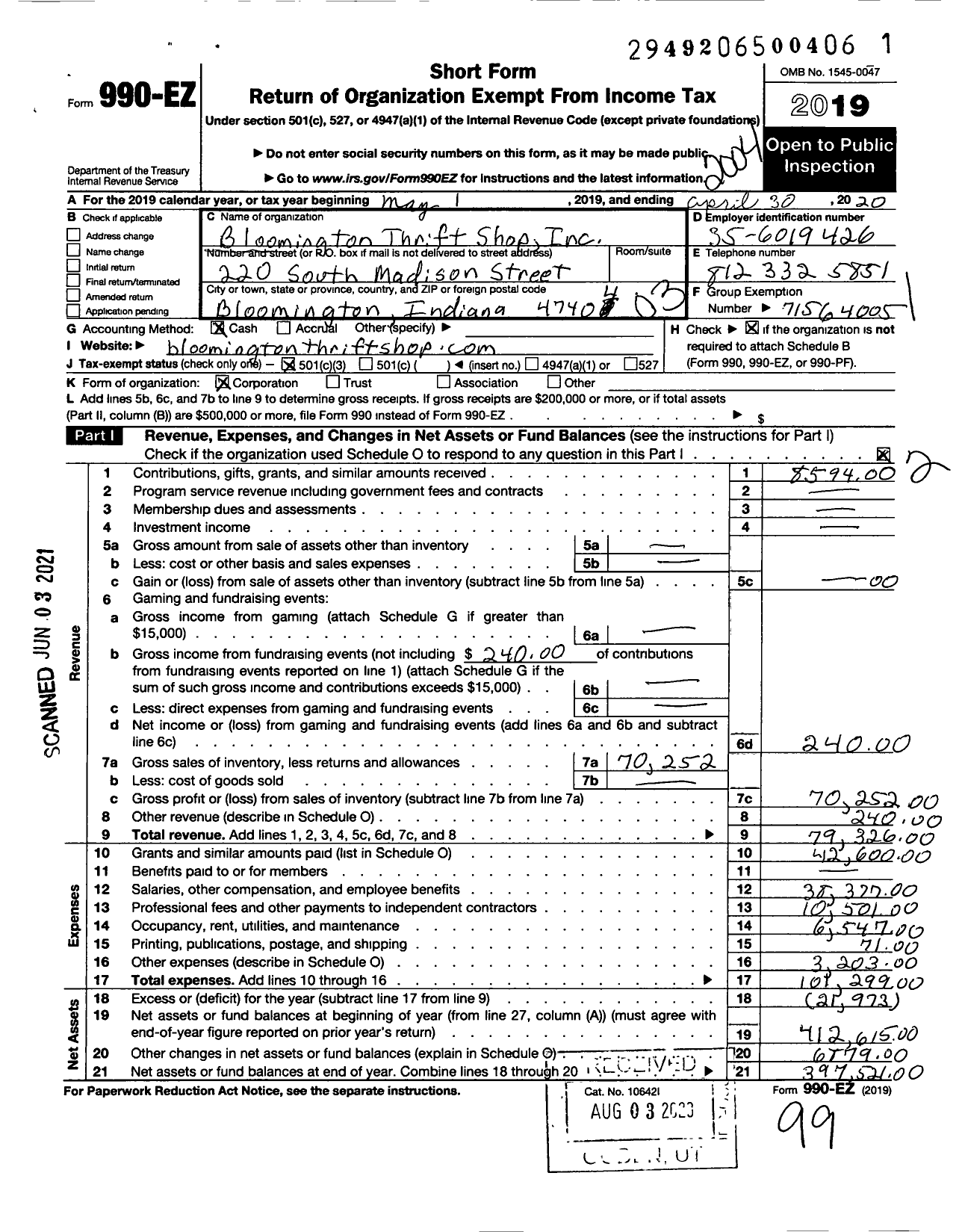 Image of first page of 2019 Form 990EZ for Bloomington Thrift Shop