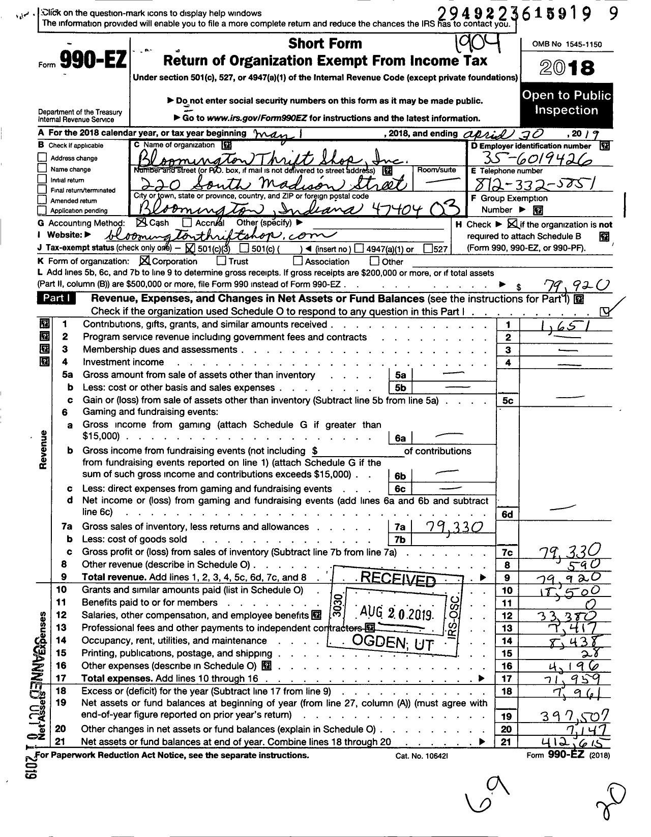 Image of first page of 2018 Form 990EZ for Bloomington Thrift Shop