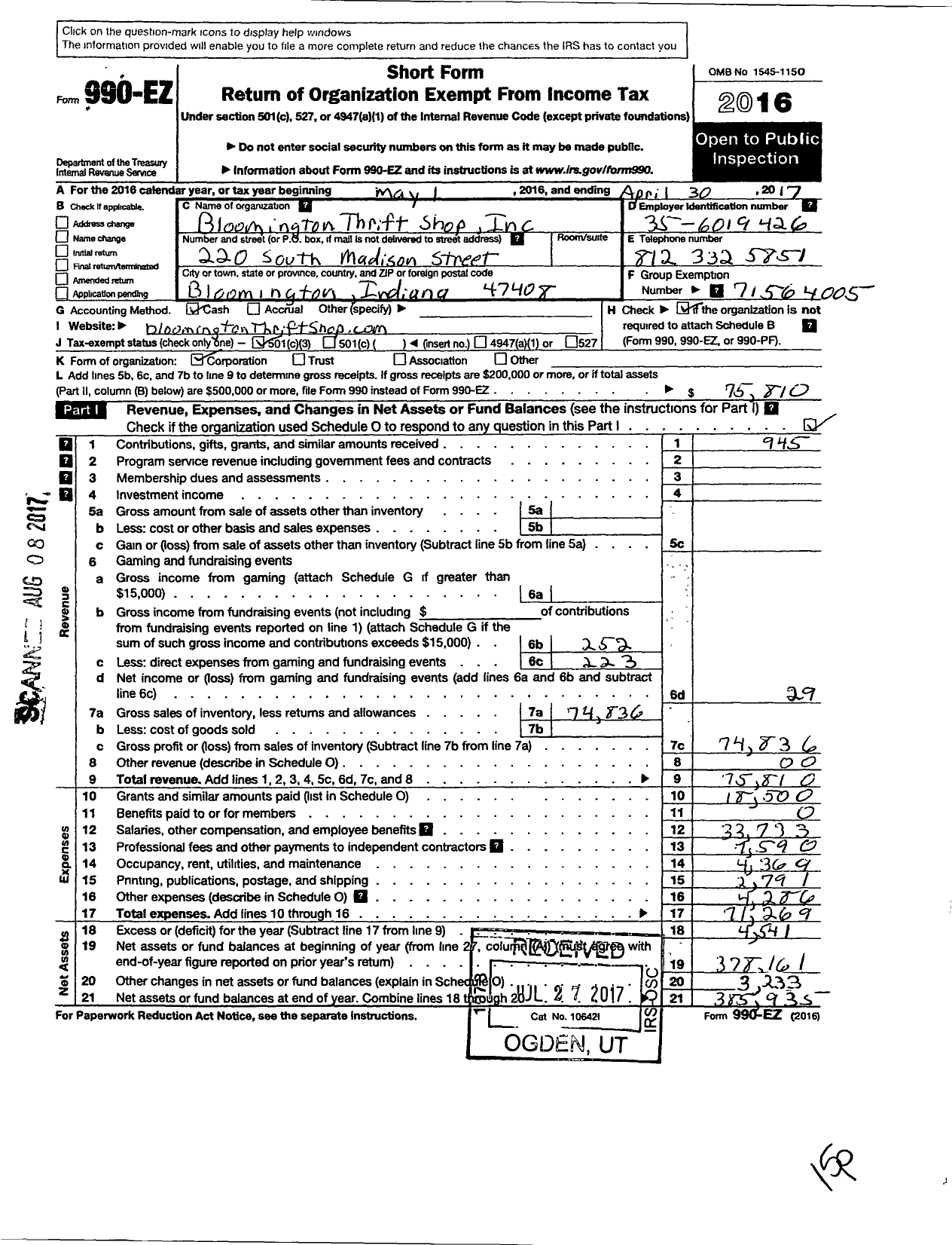 Image of first page of 2016 Form 990EZ for Bloomington Thrift Shop