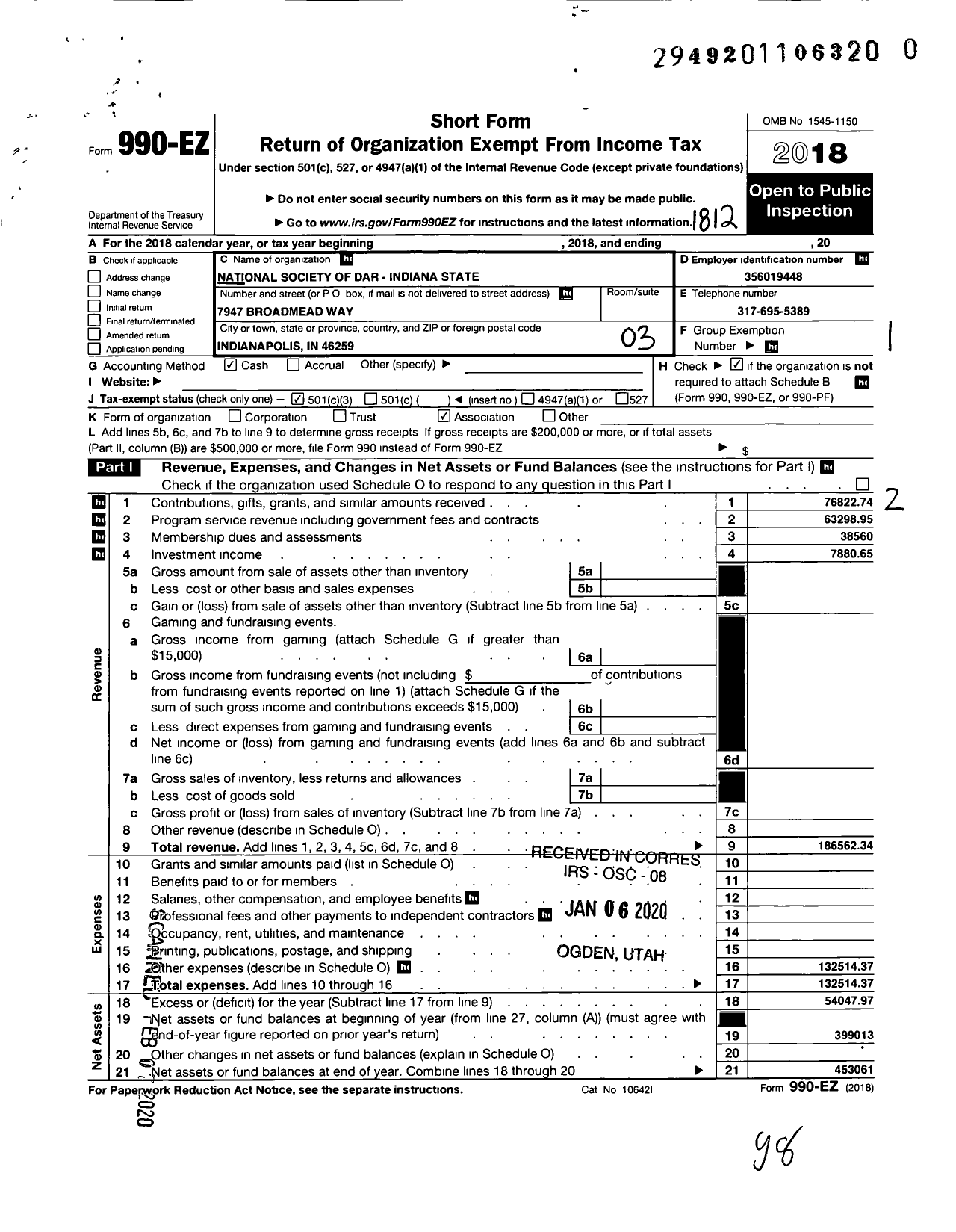 Image of first page of 2018 Form 990EZ for Daughters of the American Revolution - Indiana State Society Dar