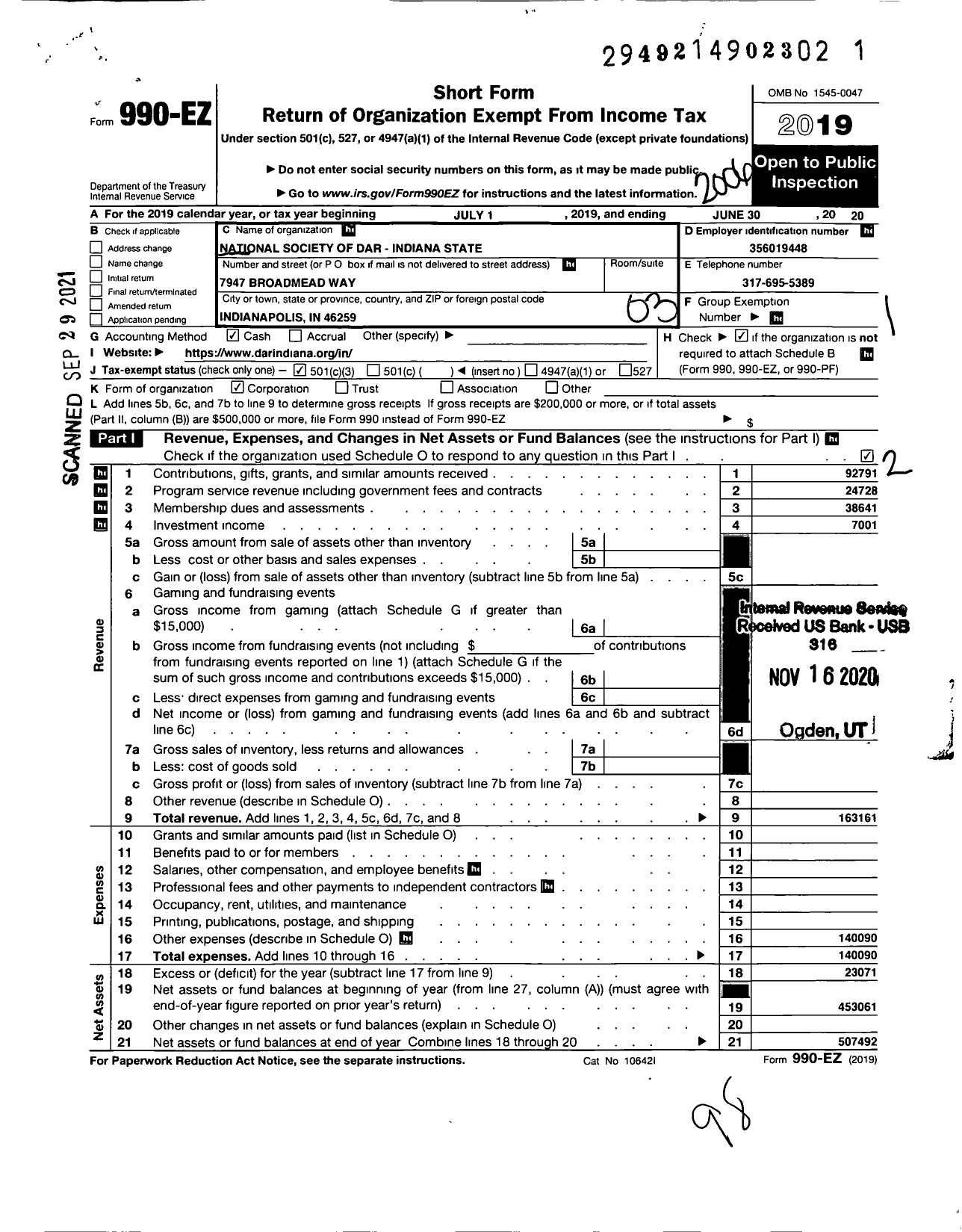 Image of first page of 2019 Form 990EZ for Daughters of the American Revolution - Indiana State Society Dar