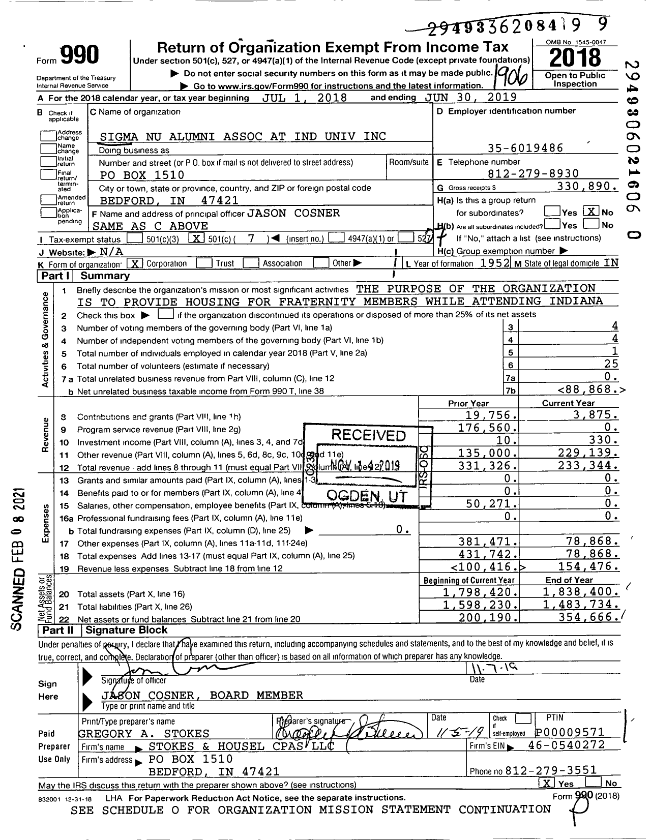 Image of first page of 2018 Form 990O for Sigma Nu Alumni Association at Ind Univ