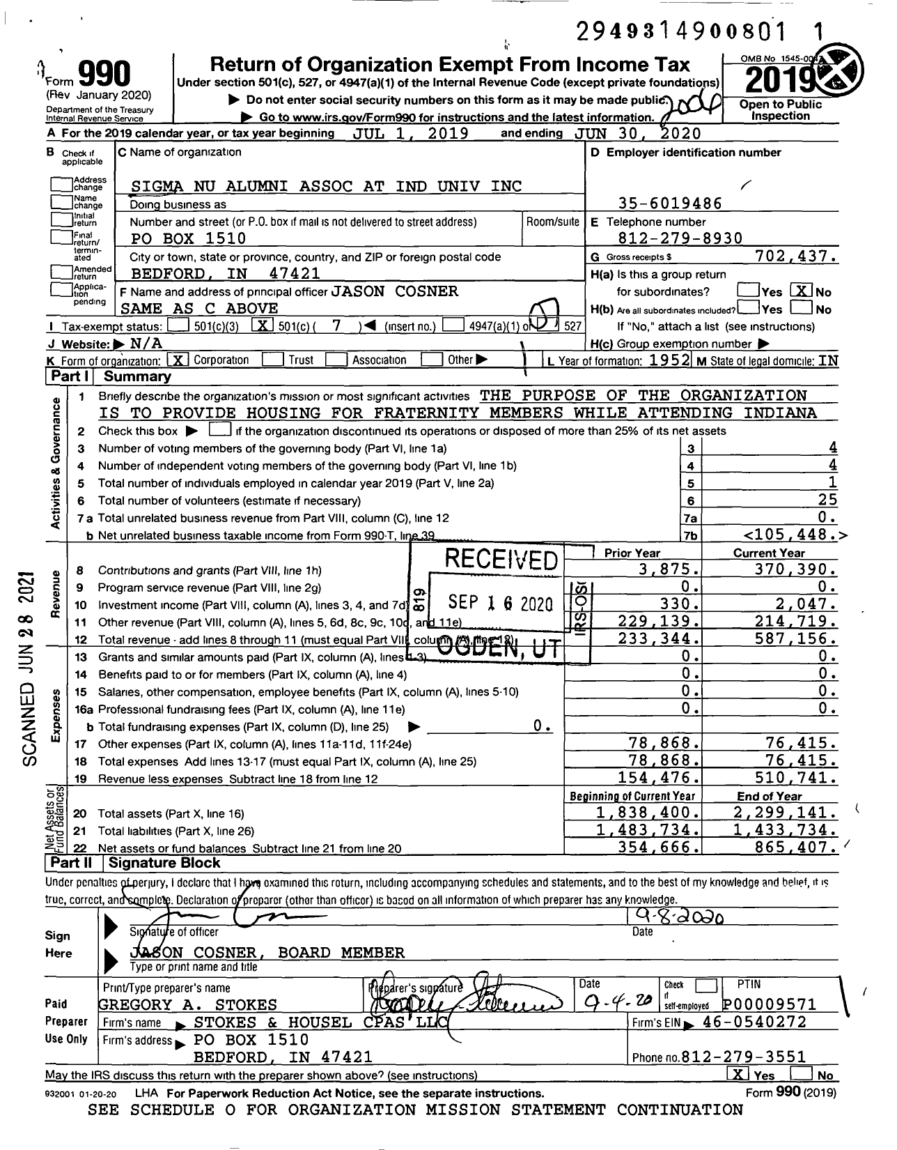 Image of first page of 2020 Form 990O for Sigma Nu Alumni Association at Ind Univ