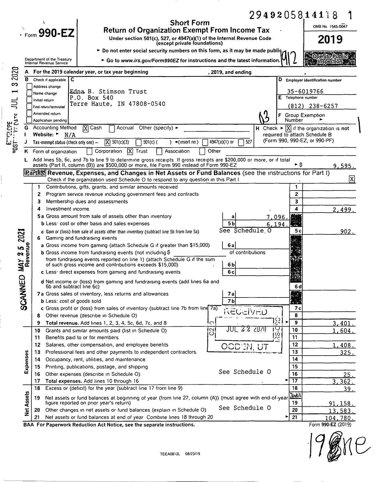 Image of first page of 2019 Form 990EZ for Edna B Stimson Trust