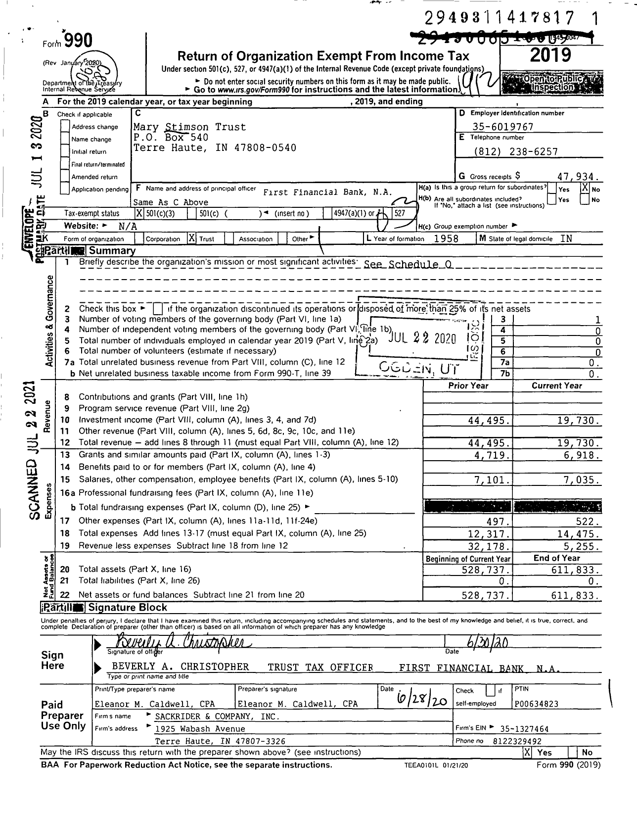 Image of first page of 2019 Form 990 for Mary Stimson Trust