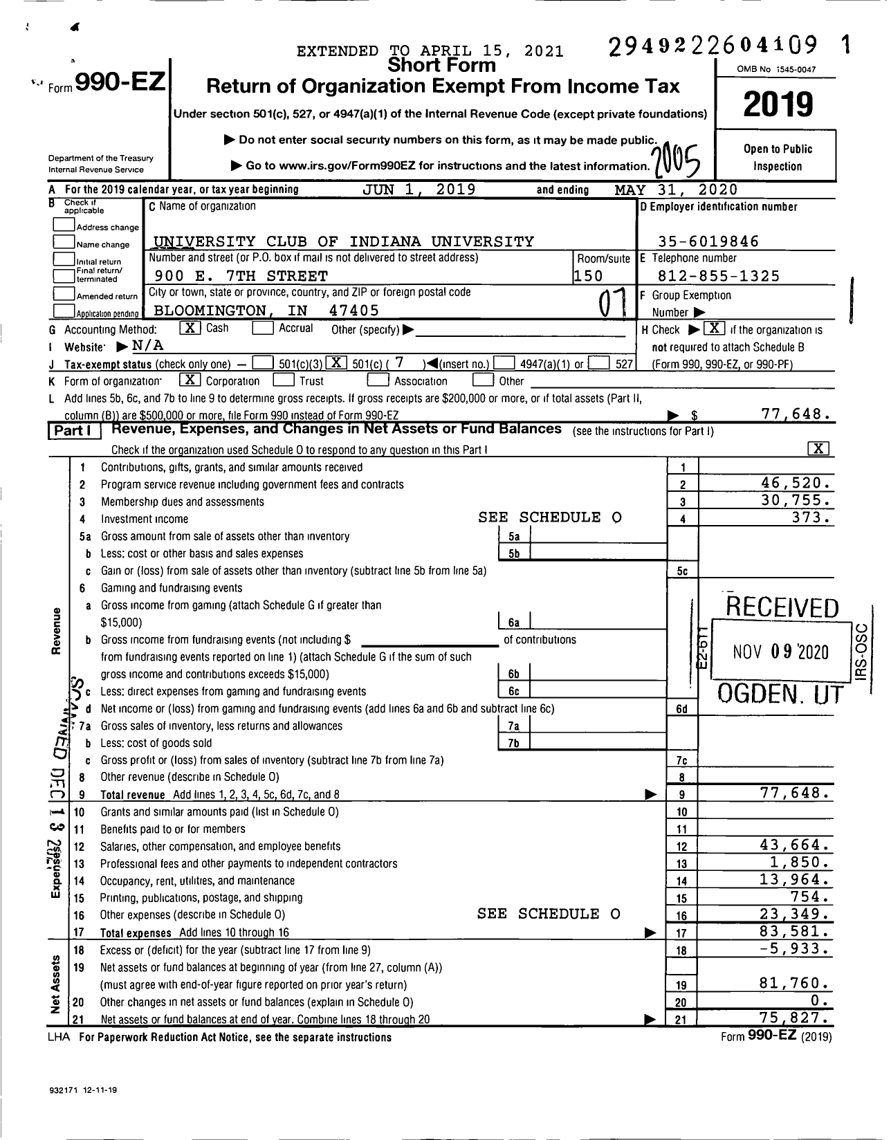 Image of first page of 2019 Form 990EO for University Club of Indiana University