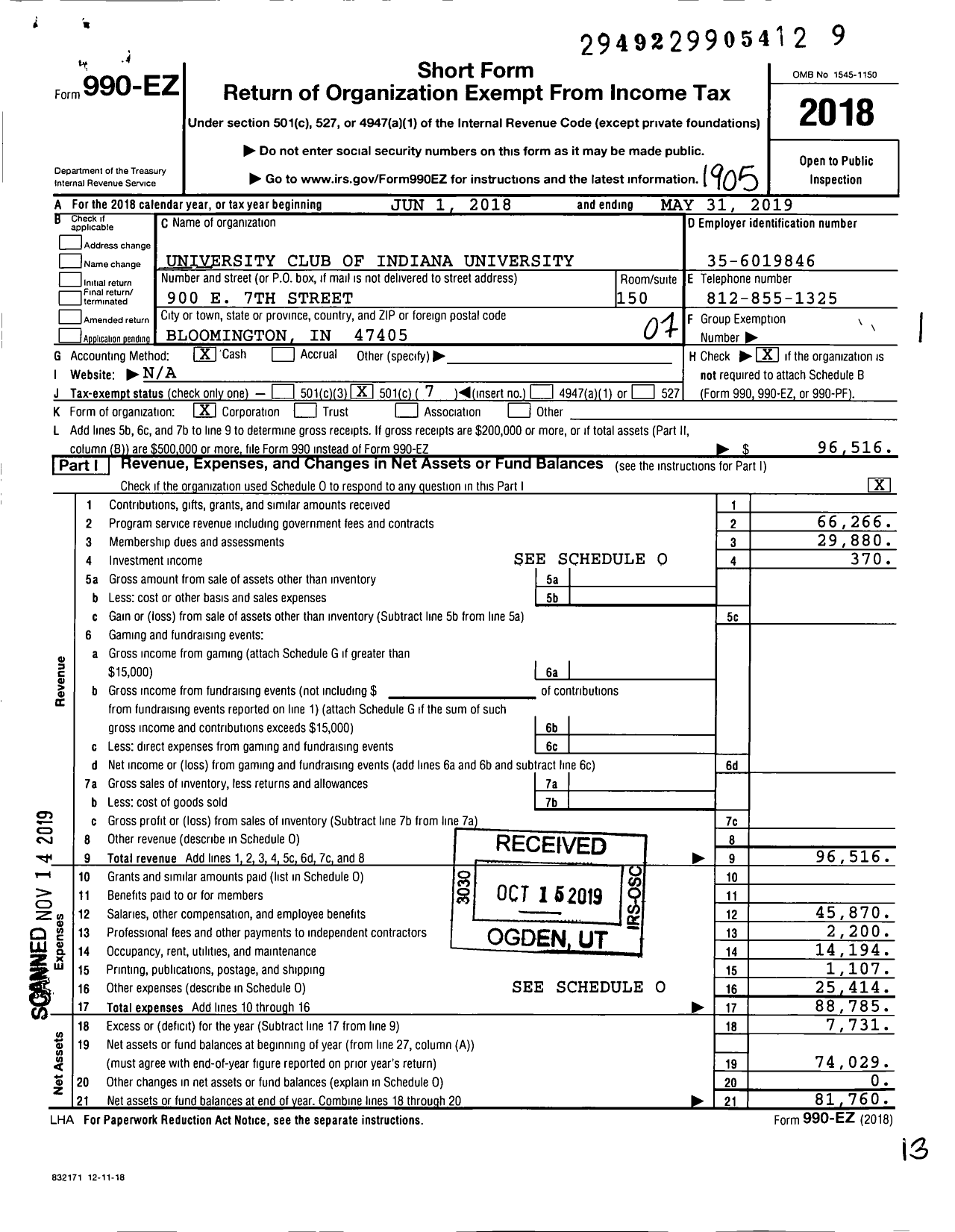 Image of first page of 2018 Form 990EO for University Club of Indiana University