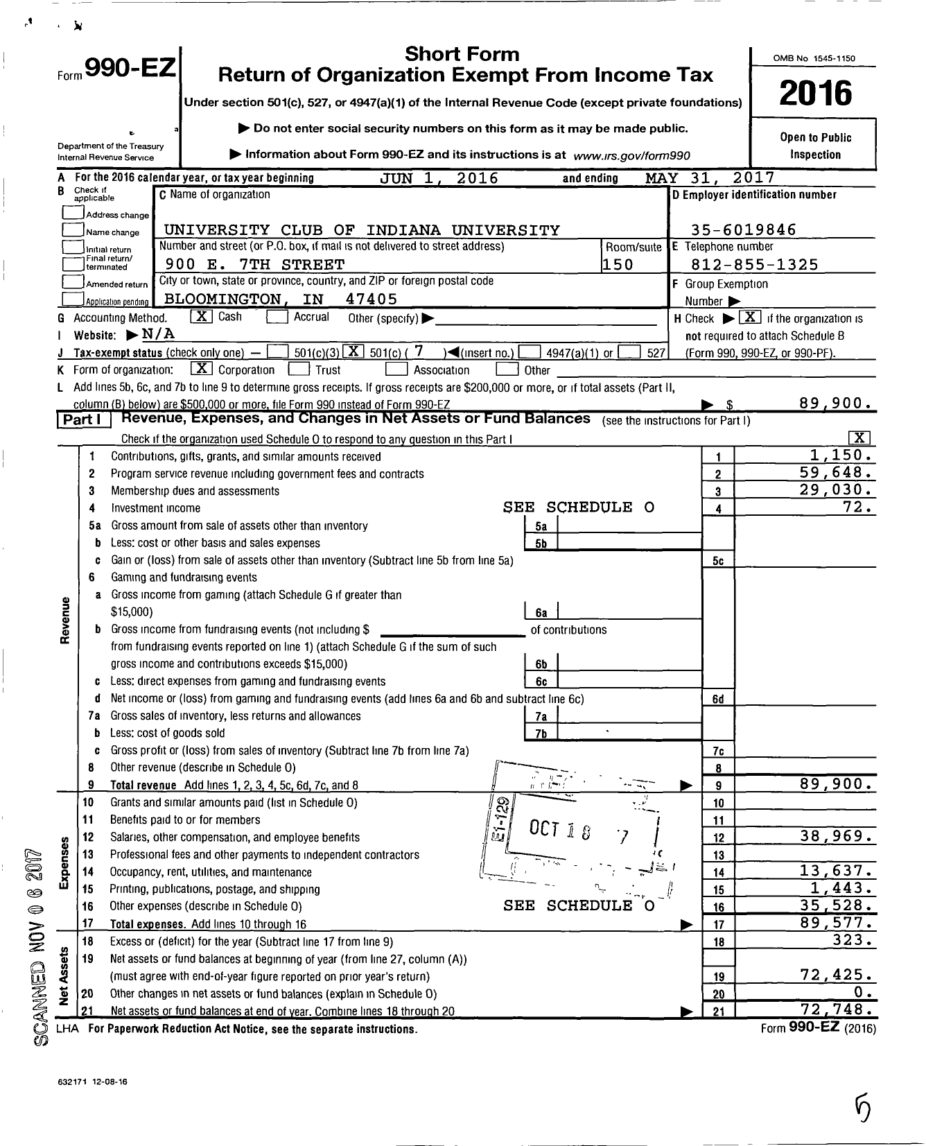 Image of first page of 2016 Form 990EO for University Club of Indiana University