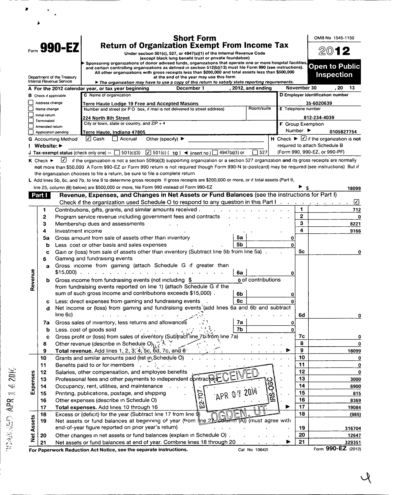 Image of first page of 2012 Form 990EO for Free & Accepted Masons of Indiana - 19 Terre Haute Lodge