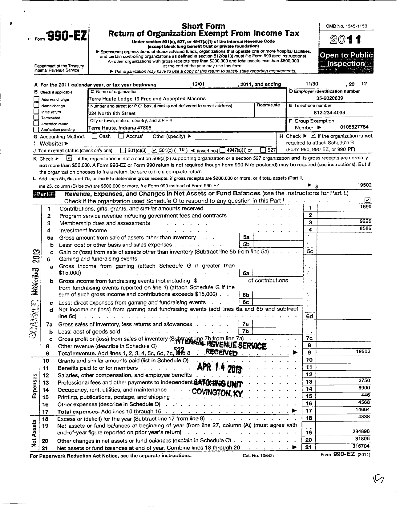 Image of first page of 2011 Form 990EO for Free & Accepted Masons of Indiana - 19 Terre Haute Lodge