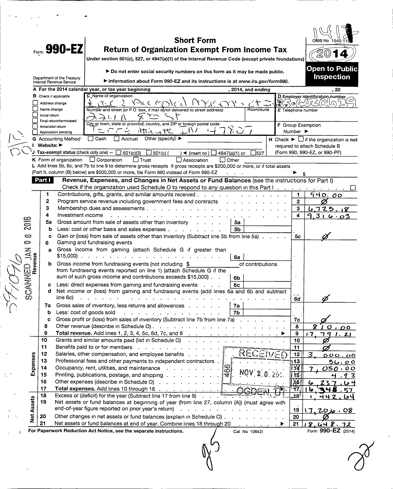 Image of first page of 2013 Form 990EO for Free & Accepted Masons of Indiana - 19 Terre Haute Lodge