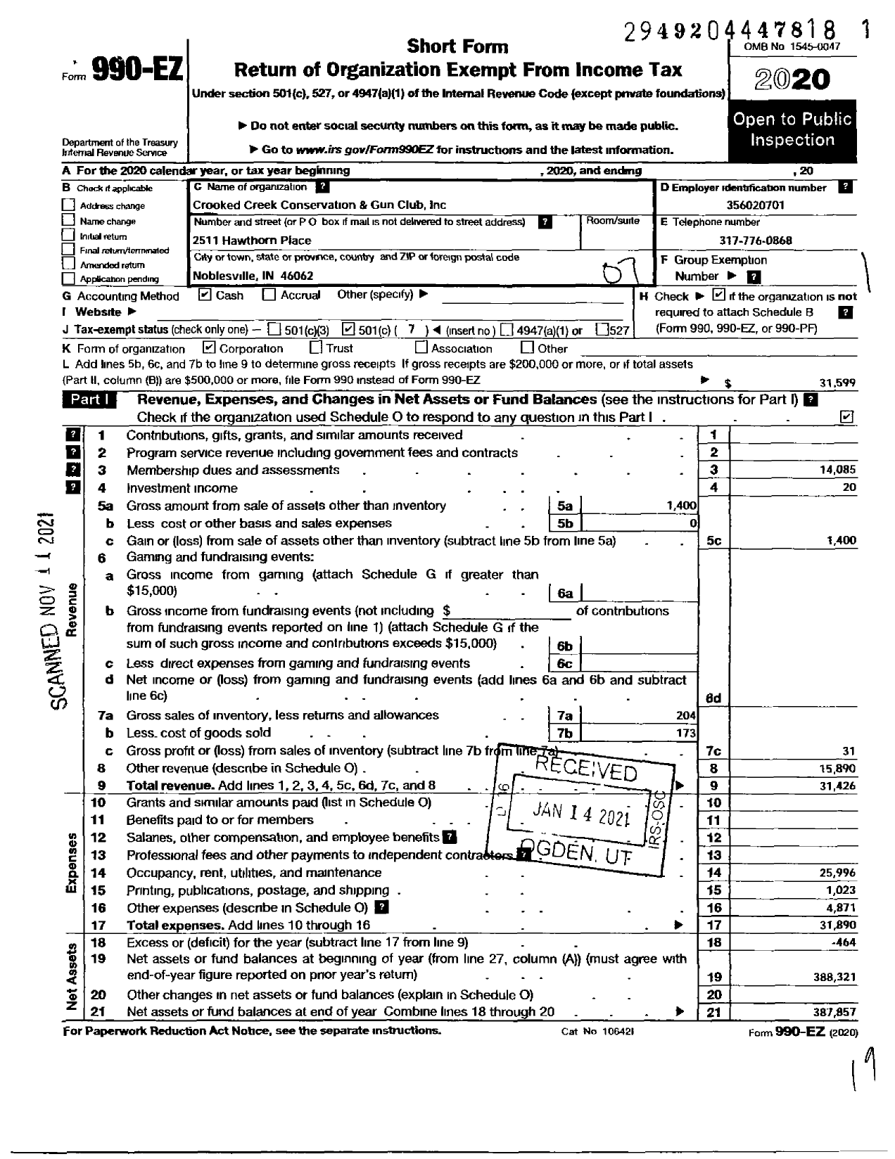 Image of first page of 2020 Form 990EO for Crooked Creek Conservation and Gun Club