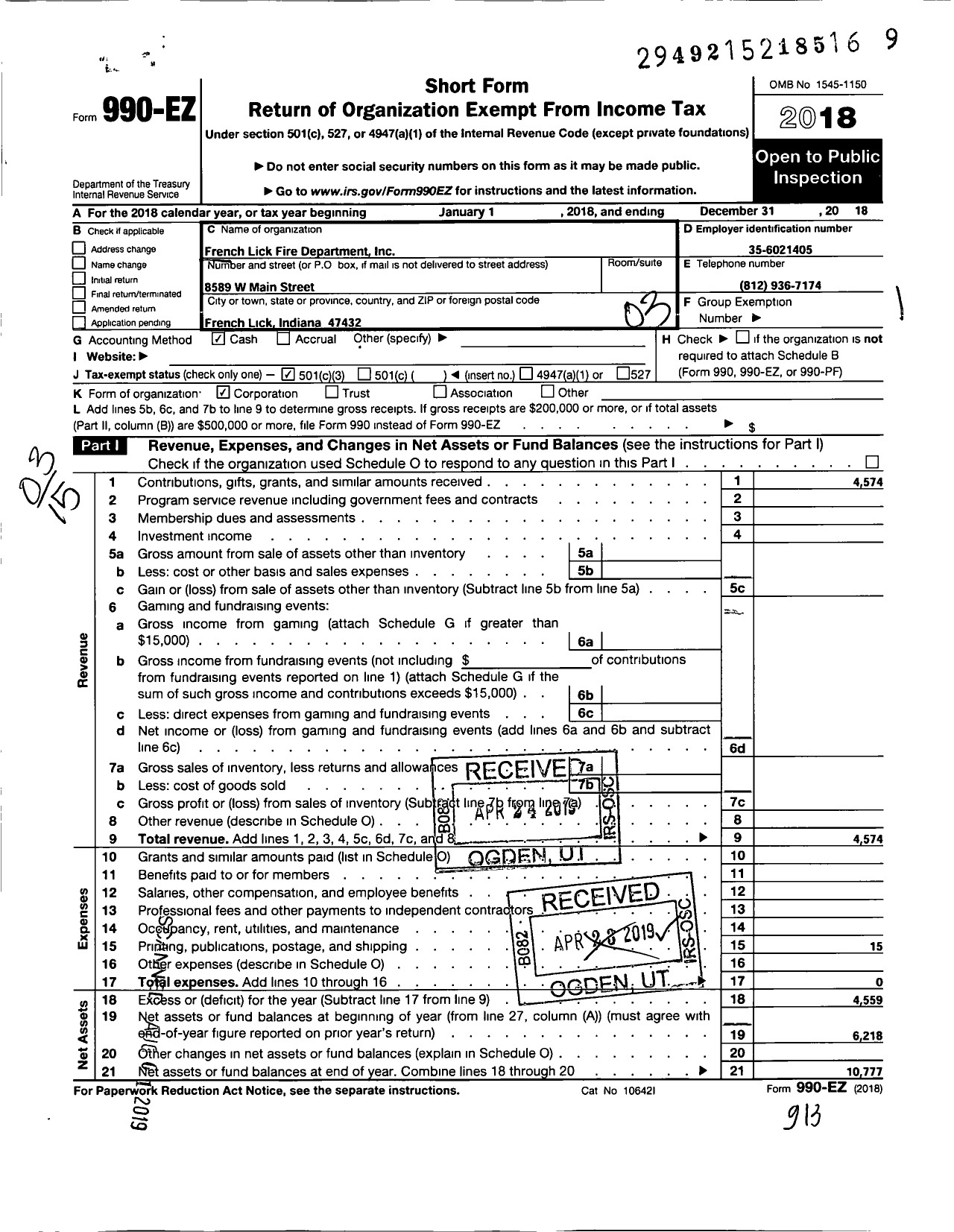 Image of first page of 2018 Form 990EZ for French Lick Fire Department