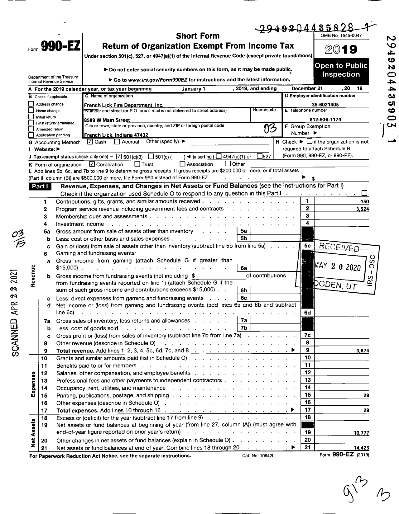 Image of first page of 2019 Form 990EZ for French Lick Fire Department