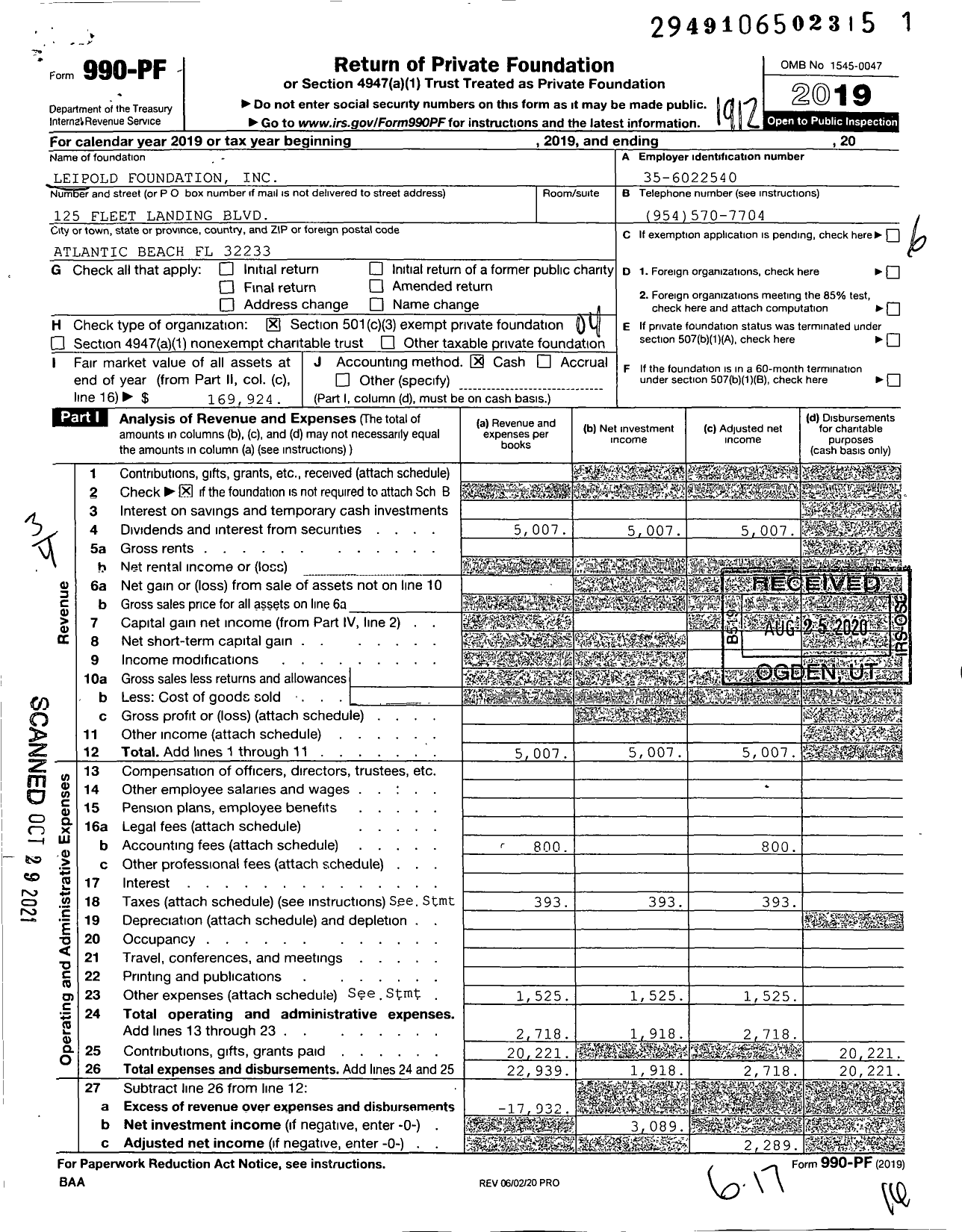 Image of first page of 2019 Form 990PF for Leipold Foundation