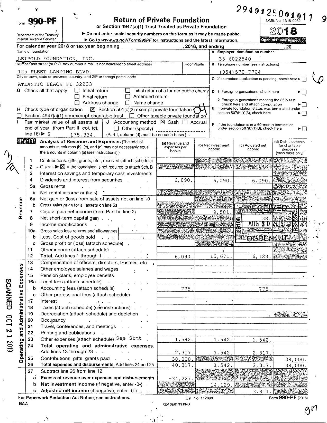 Image of first page of 2018 Form 990PF for Leipold Foundation