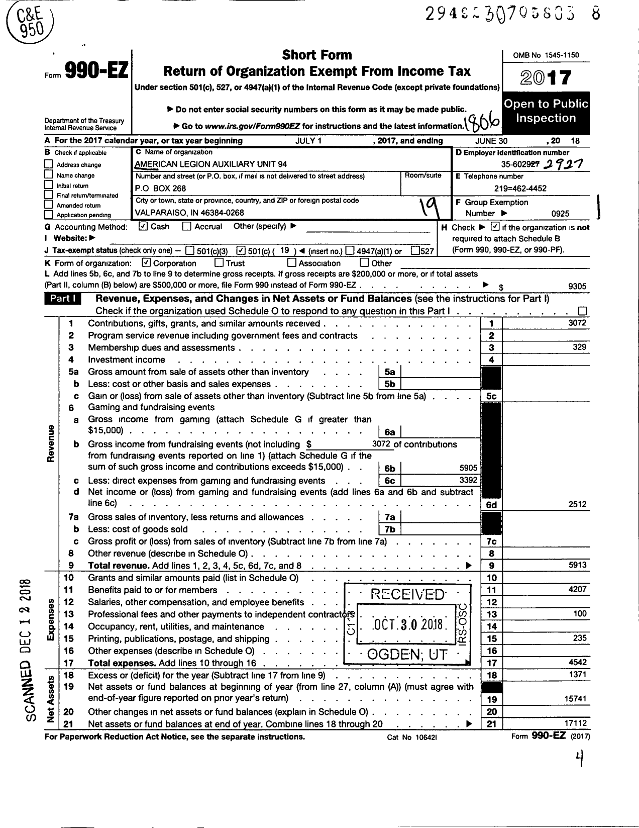 Image of first page of 2017 Form 990EO for American Legion Auxiliary - 94 Charles Pratt