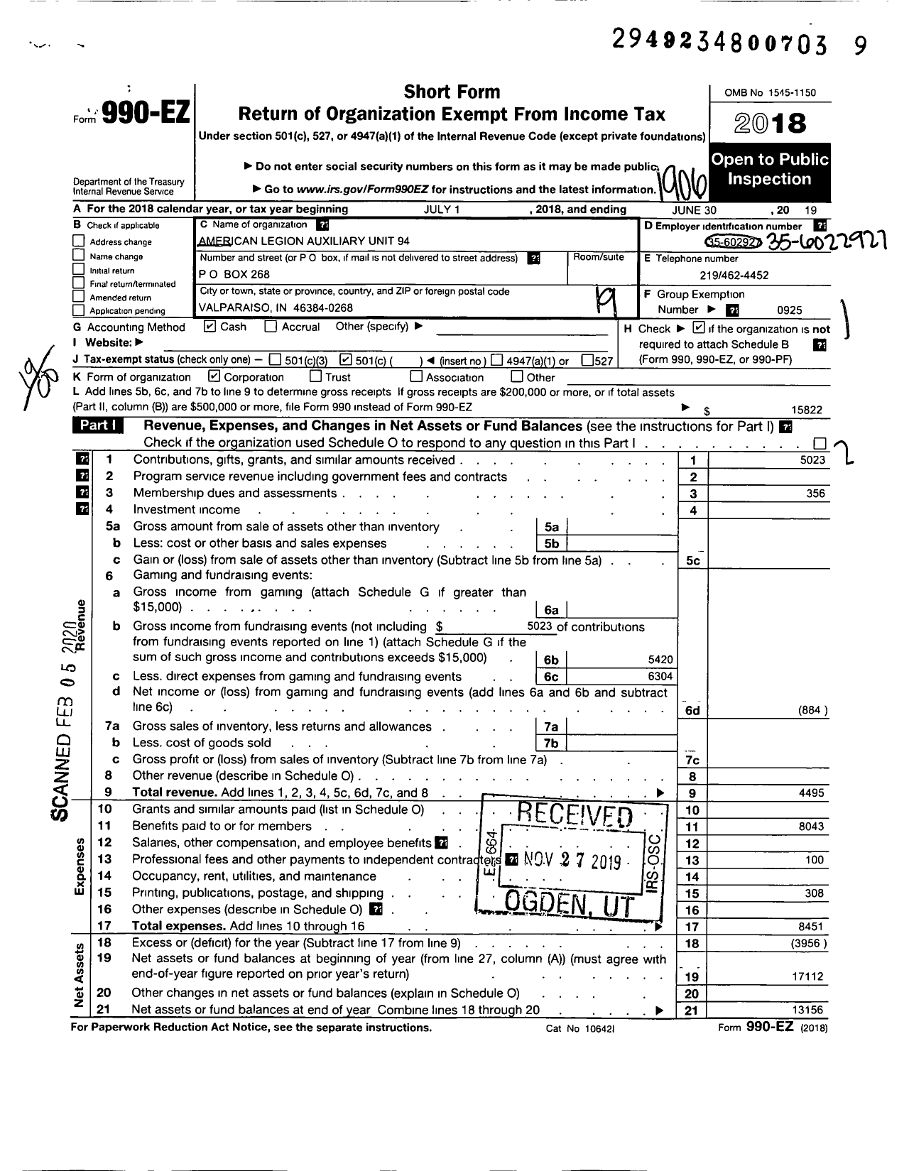 Image of first page of 2018 Form 990EO for American Legion Auxiliary - 94 Charles Pratt