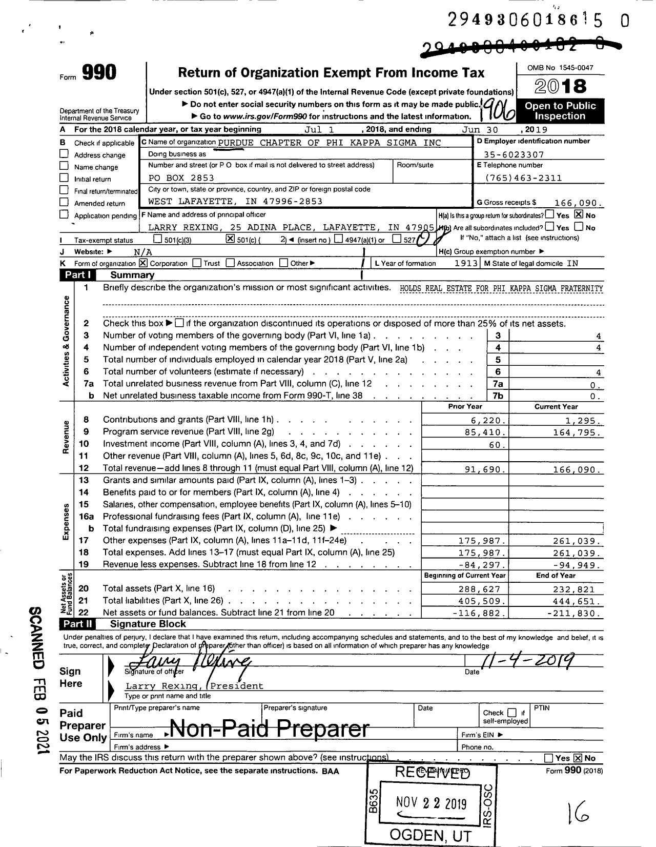 Image of first page of 2018 Form 990O for Phi Kappa Sigma Fraternity Purdue Chapter