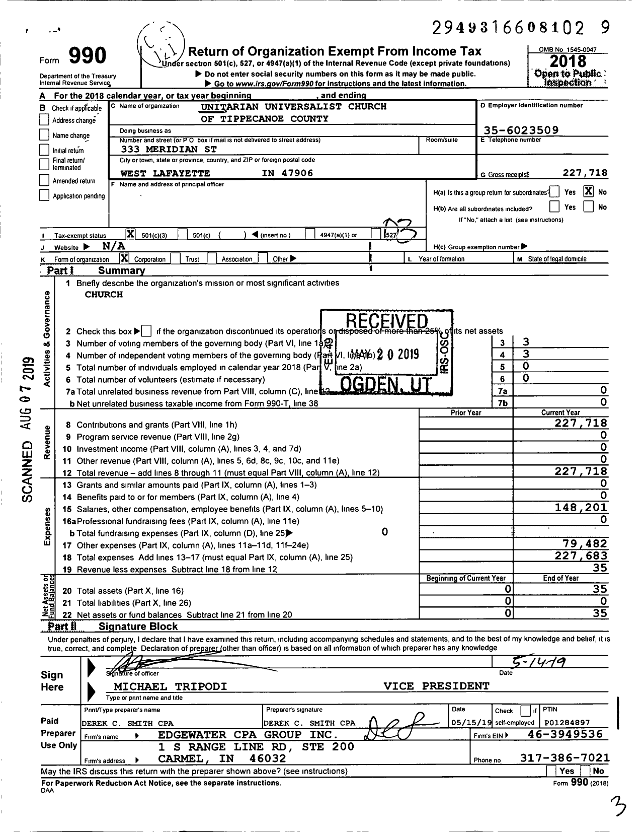 Image of first page of 2018 Form 990 for Unitarian Universalist Church of Tippecanoe County