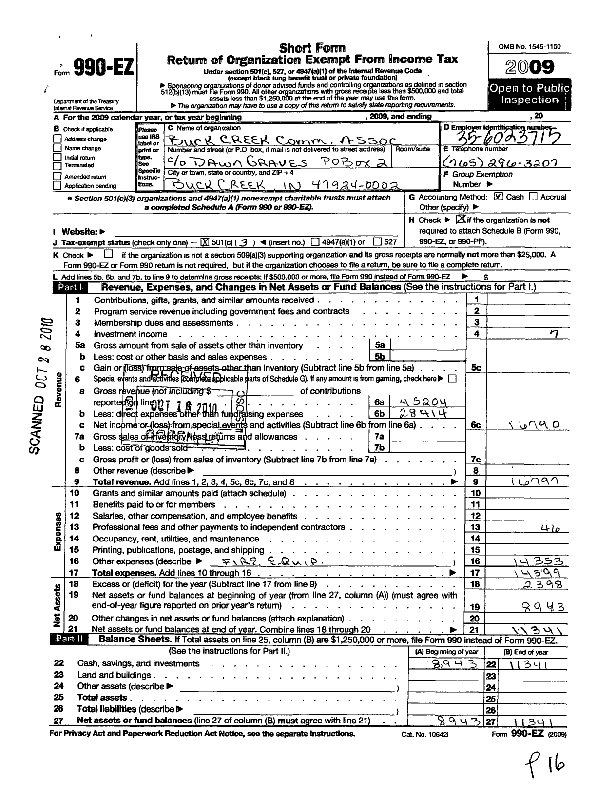 Image of first page of 2009 Form 990EZ for Buck Creek Community Association