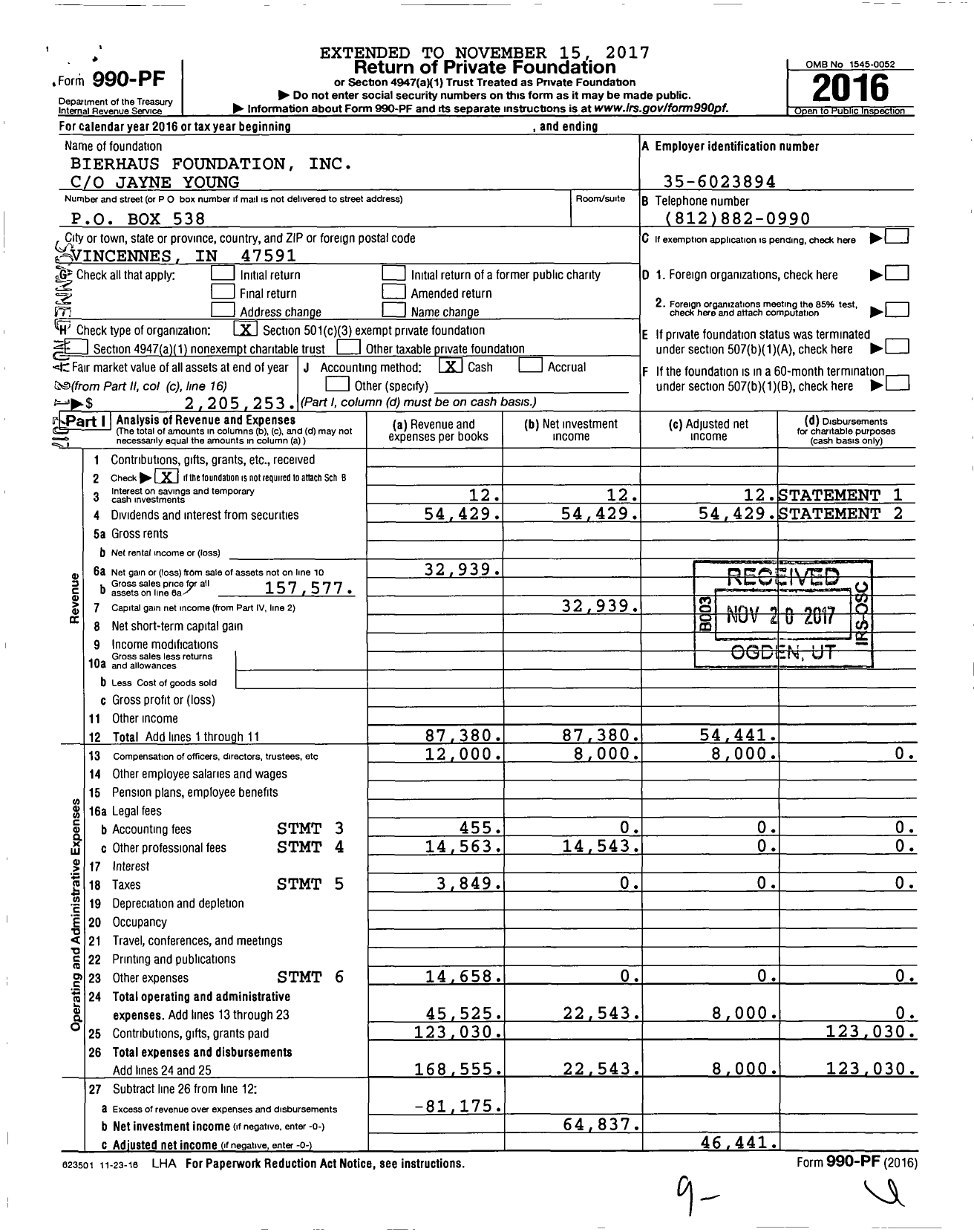 Image of first page of 2016 Form 990PF for Bierhaus Foundation